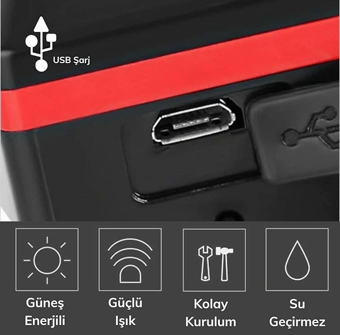 Güneş Enerjili USB ile Şarj Edilebilir LED Bisiklet Feneri Kornalı Suya Dayanıklı Far 