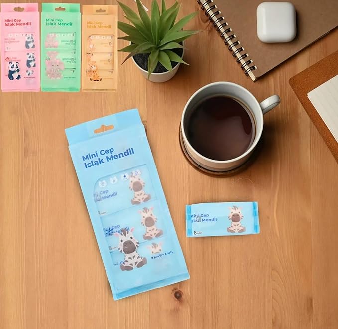 Mini Cep Islak Mendil – 8’li Paket (Toplam 64 Adet), Taşınabilir Hijyen Mendili