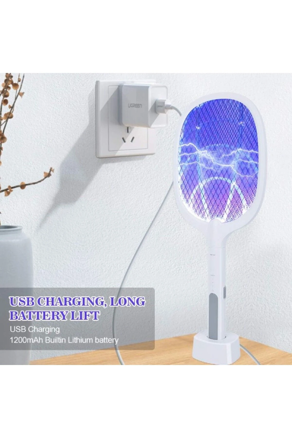 Masaüstü Standlı Şarjlı Sinek Öldürücü-Sinek Kovucu Raket / Mor ışıklı USB -Type-c girişli