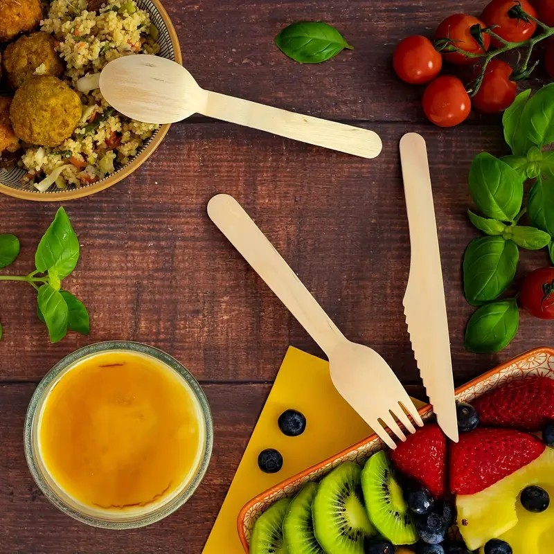 24 Adet Kullan At Naturel Ahşap Tahta Çatal Kaşık Bıçak Seti Kamp,Piknik vb.