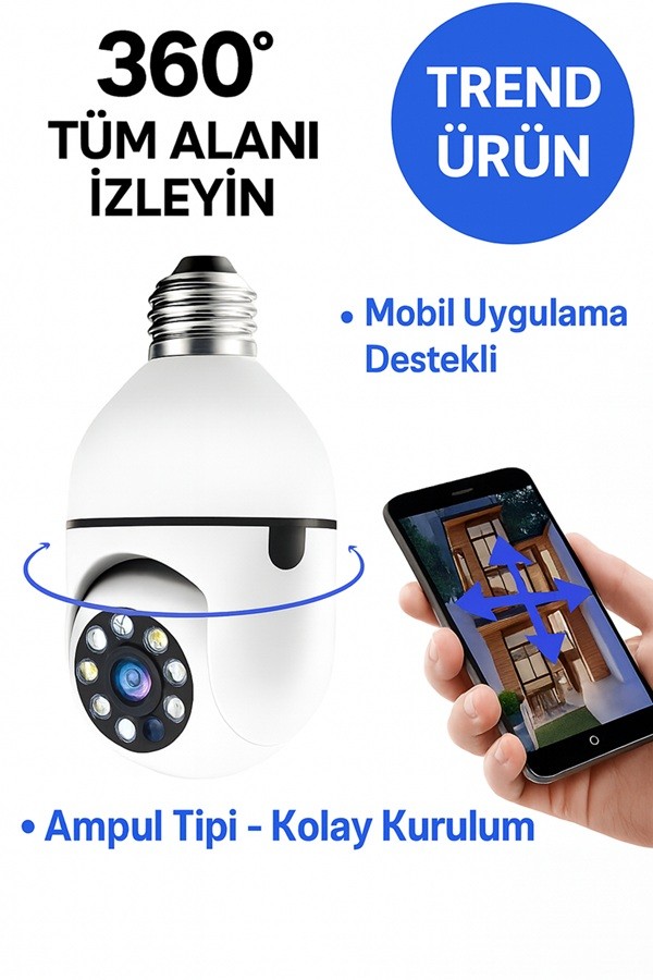 “Wifi Akıllı 360° Döner Güvenlik Kamerası  Ampul Tipi, Gece Görüşlü, Hareket Algılamalı, Telefondan İzleme Özelliği