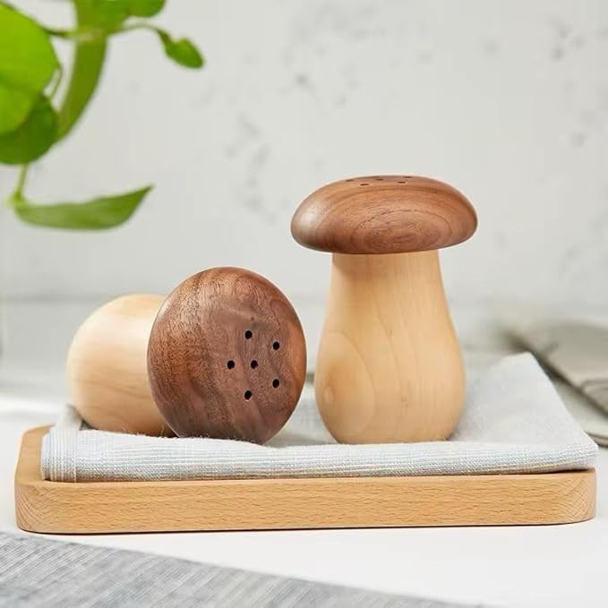 Doğal Bambu Mantar Görünümlü 2'li Tuzluk ve Biberlik Seti - 8 cm Akasya ve Bambu Karışımı Şık Baharatlık Takımı