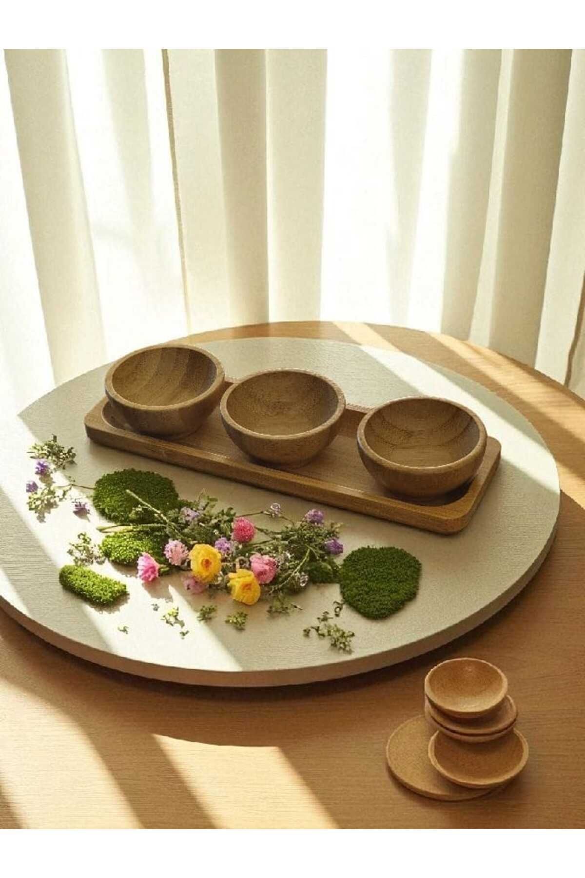 3'lü T Bambu Mini Lokumluk Çerezlik Sosluk Reçellik Sunum Tepsisi ile