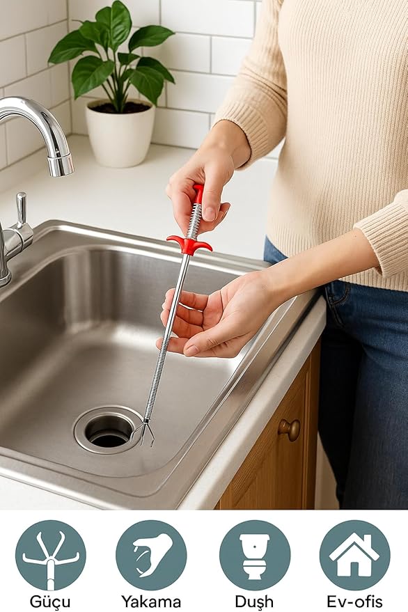 Tıkanıklık Açıcı Gider Temizleme Aparatı - 60CM Esnek Yaylı Çubuk, Pençeli Kancalı Mutfak Banyo Tuvalet Gideri Temizleyici