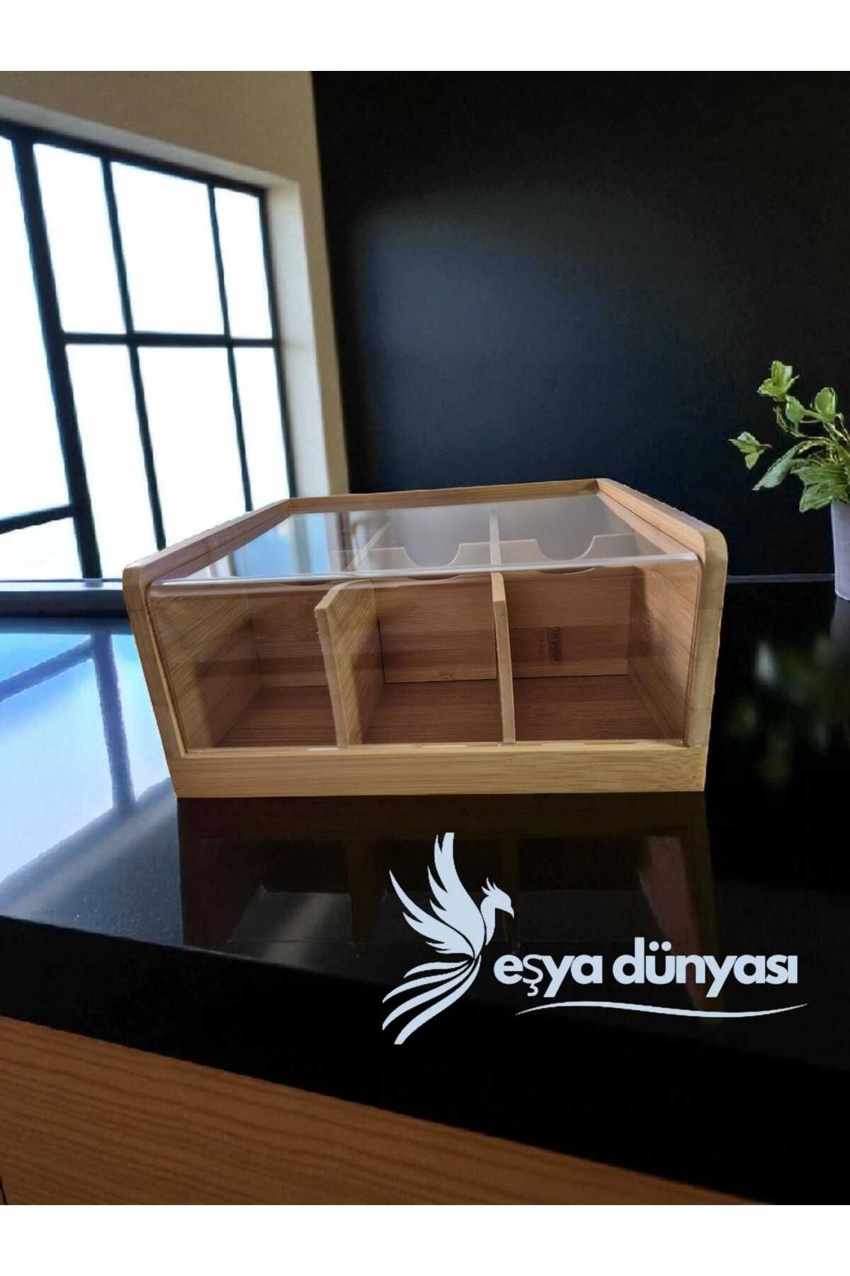 Şeffaf Kapaklı Bambu 6 Bölmeli Çay Kutusu -%100 Bambu Şeffaf Kapak (22cm*22cm*10cm)