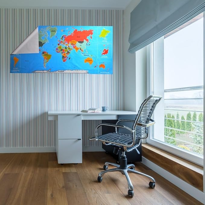 Renkli Dünya Haritası Manyetik Duvar Sticker – 118x56 cm, Eğitici & Dekoratif