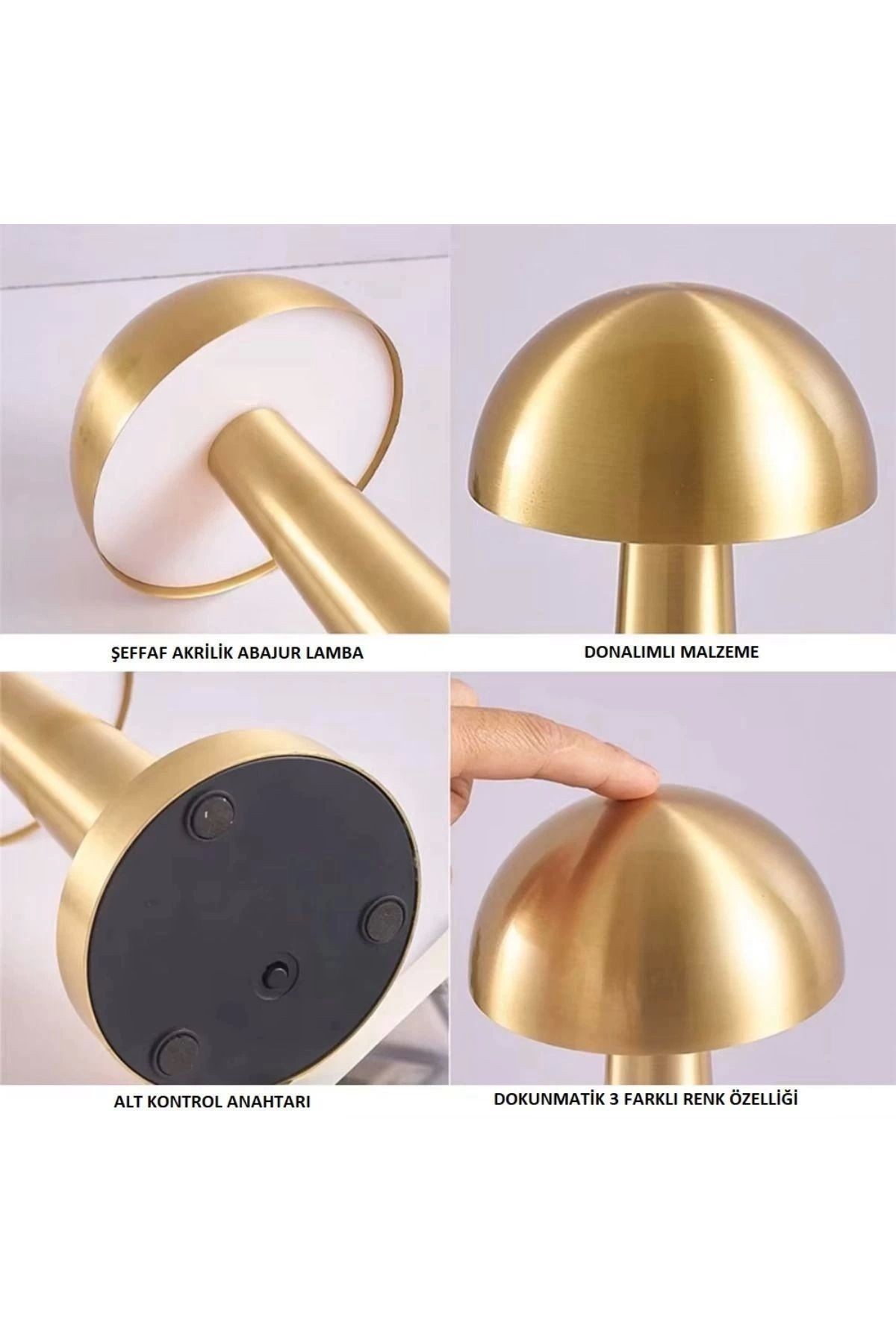   Dokunmatik Mantar Masa Lambası 3 Işık Renkli Şarjlı Dekoratif Masa Lambası Metal