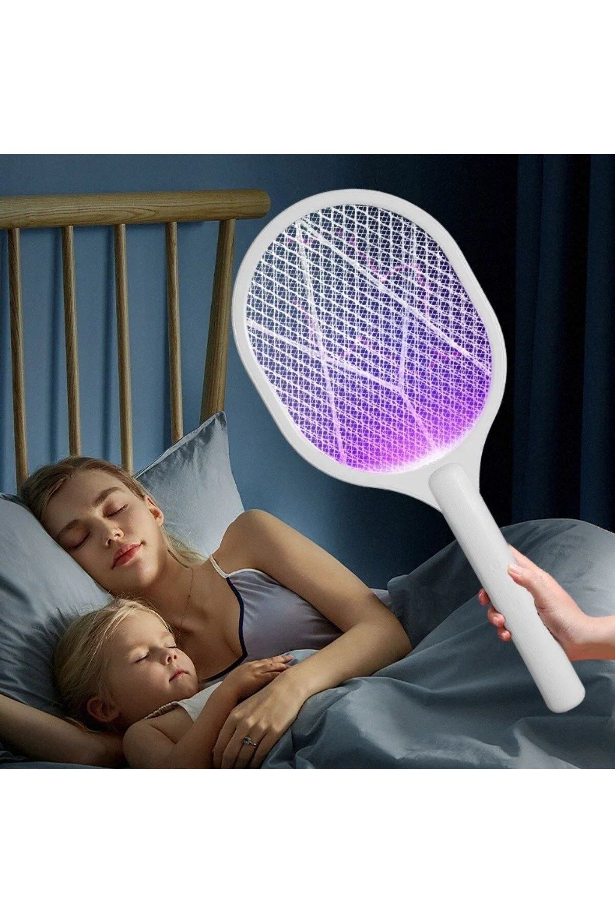 Masaüstü Standlı Şarjlı Sinek Öldürücü-Sinek Kovucu Raket / Mor ışıklı USB -Type-c girişli