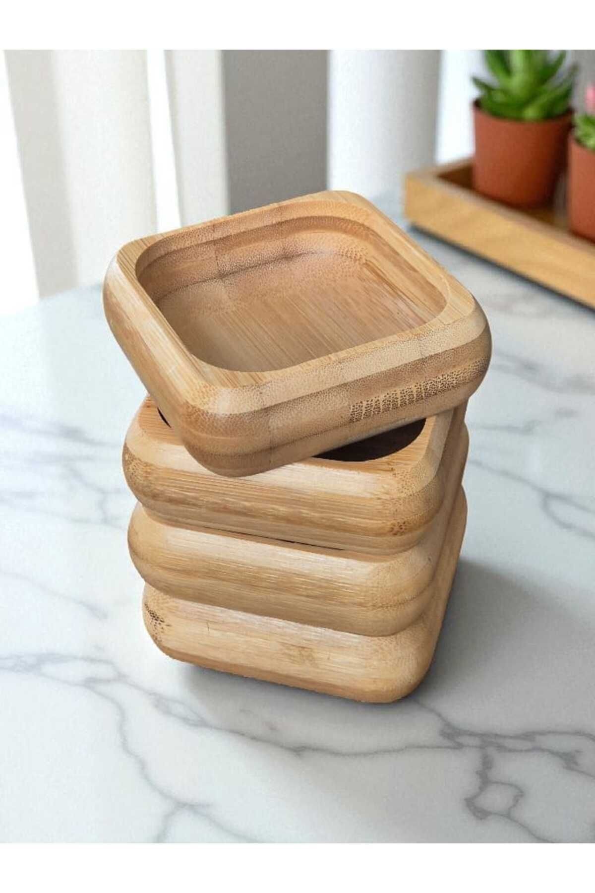 El Yapımı 6’lı Bambu Çerezlik ve Kahvaltılık Seti –9 cm Ahşap Sunum Kaseleri 20cm. Kare Tabağı ile