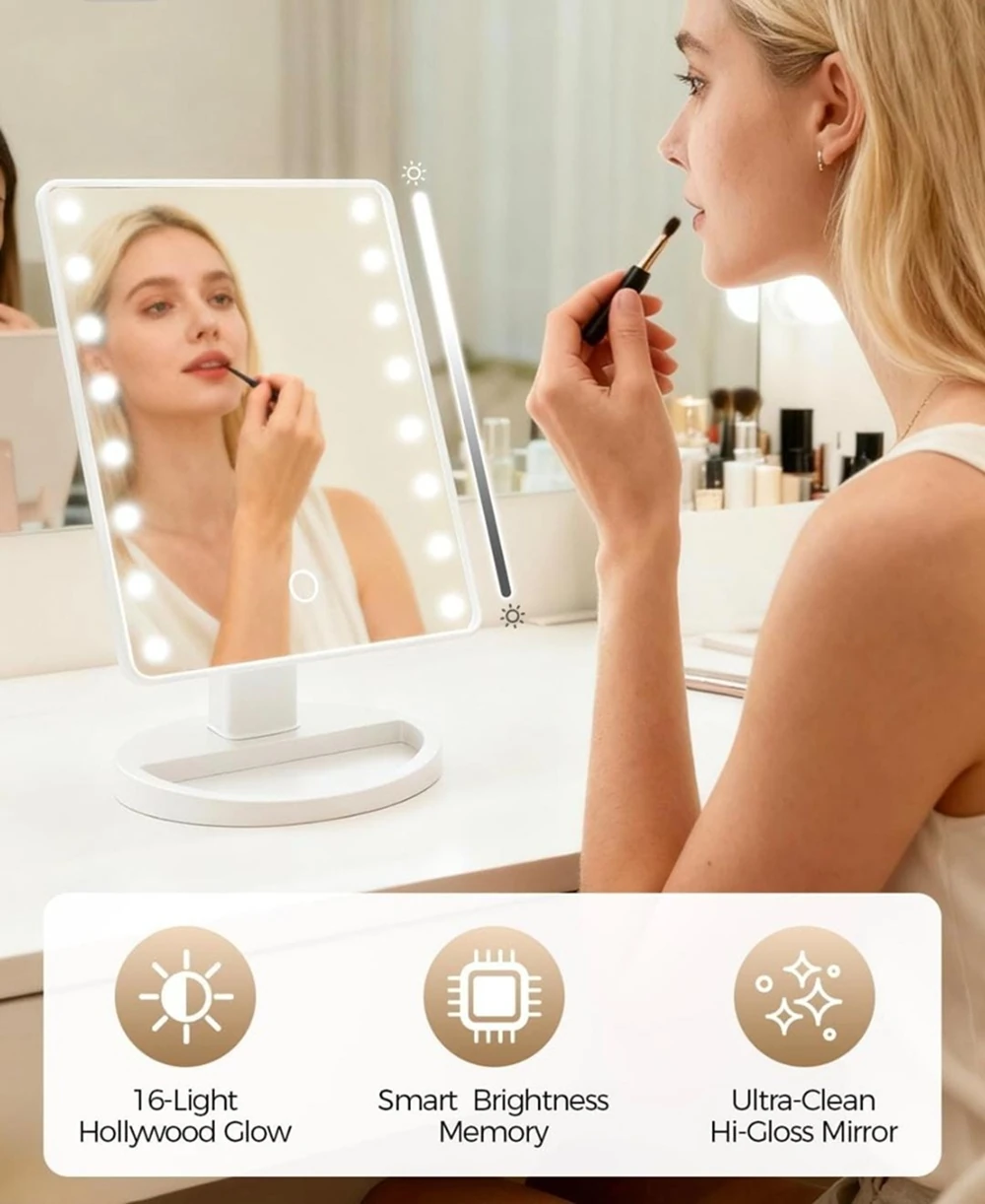 USB Şarjlı LED Işıklı Makyaj Aynası – 180° Döner Başlıklı, Parlaklık Ayarlı, Dokunmatik Masaüstü Vanity Mirror