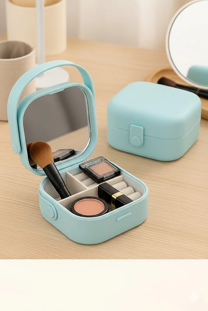 Taşınabilir Mini Takı ve Makyaj Kutusu – Aynalı, Çok Bölmeli, Kompakt Organizer