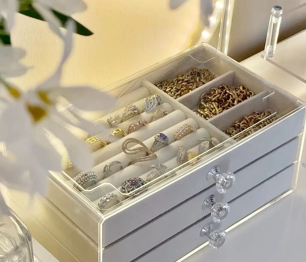 3 Katlı Lüks Modüler Takı Organizeri – Şeffaf Kapaklı Kadife Astarlı Çok Gözlü Mücevher Kutusu