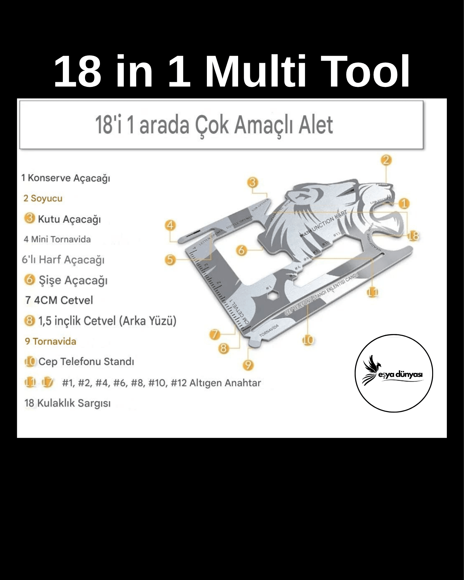18 Fonksiyonlu Cüzdan İçi Aslan Tasarımlı Kart Acil Durum Kiti / 18 in 1 Multi Tool