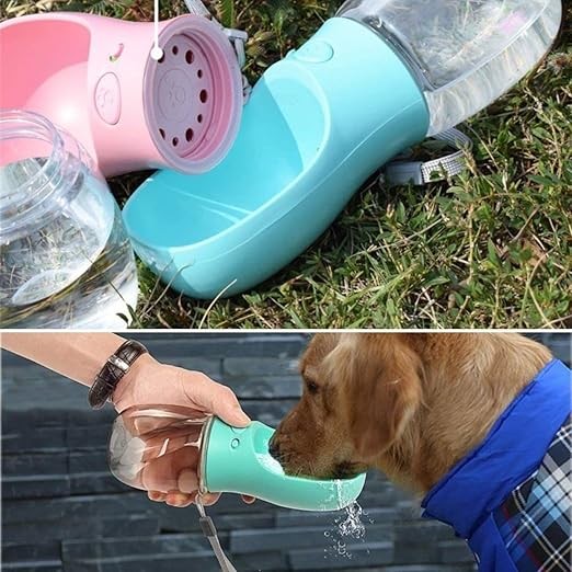 Taşınabilir Kedi Köpek Suluğu Seyahat Su Şişesi Kaseli Emniyetli Sızdırmaz Kutulu 350ml  Çok Turkuaz