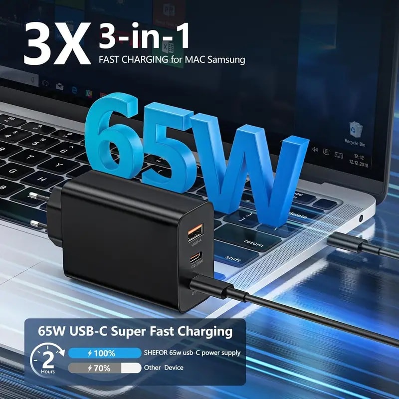 65W PD Hızlı Şarj Adaptörü – 2x Type-C + 1x USB Çoklu Çıkış, Hızlı Şarj Cihazı
