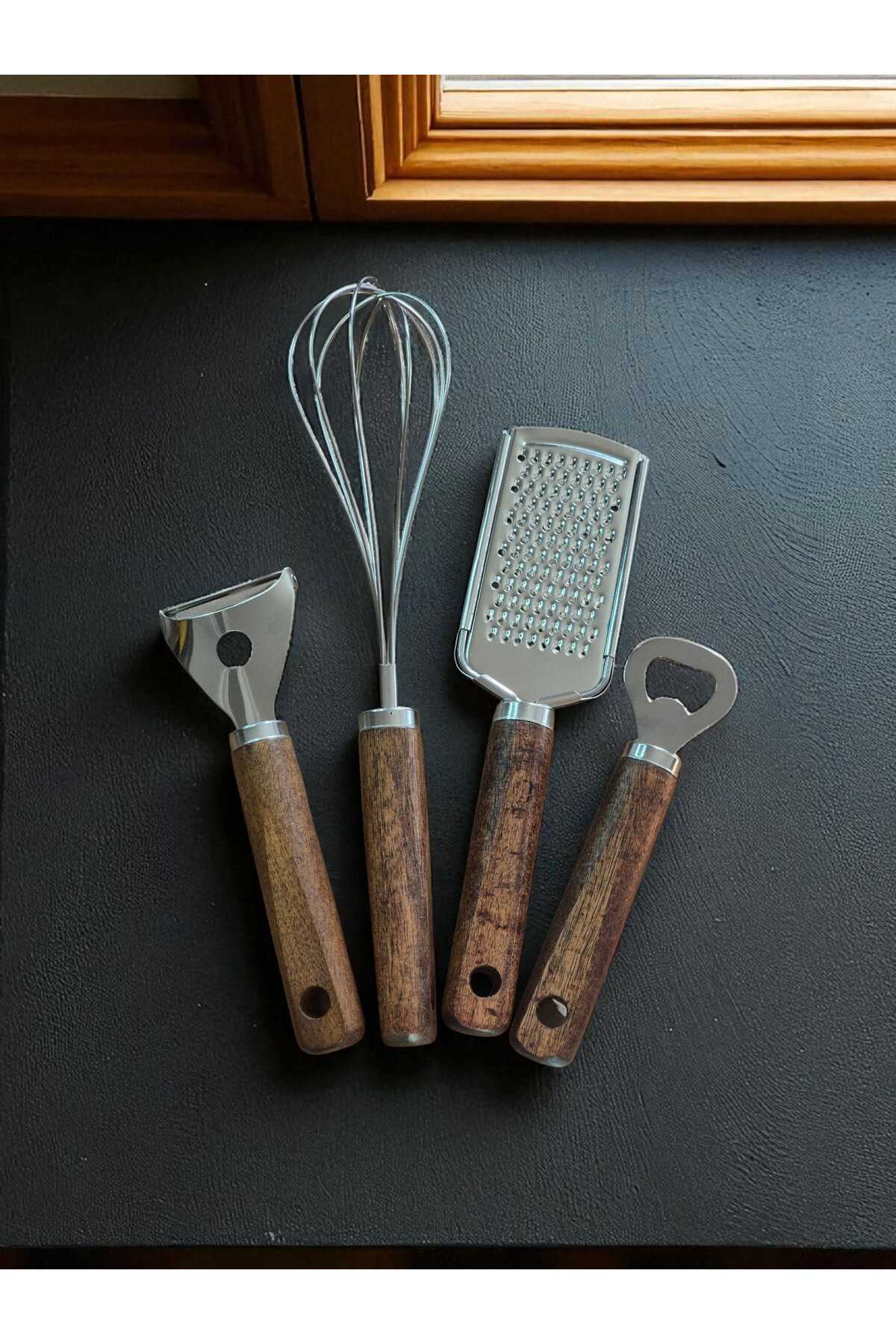 (Akasya) Ahşap Saplı Metal Çırpıcı- Açacak -Rende ve Sebze Meyve Soyacağı 4'lü Set