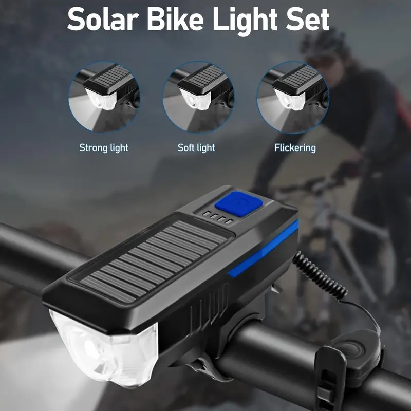 Güneş Enerjili USB ile Şarj Edilebilir LED Bisiklet Feneri Kornalı Suya Dayanıklı Far 