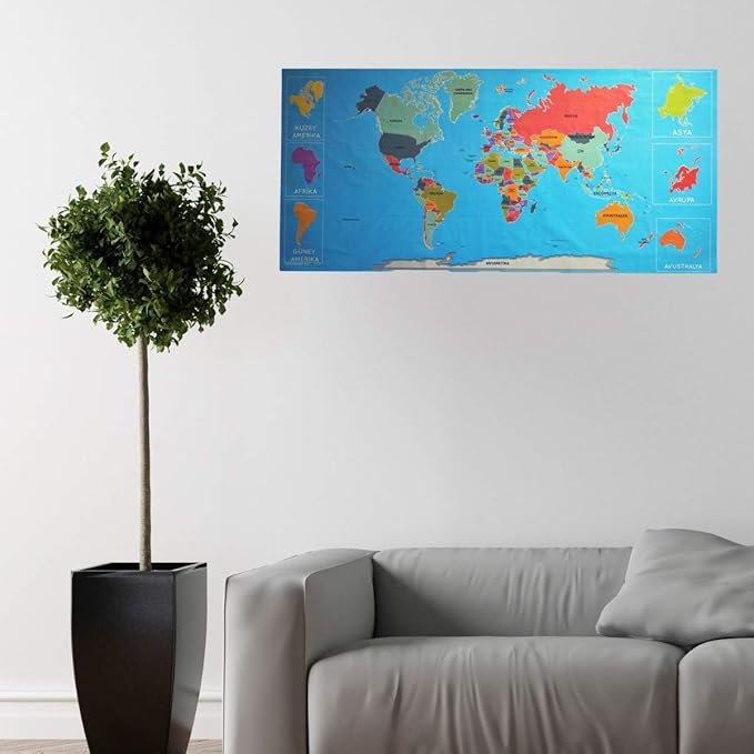 Renkli Dünya Haritası Manyetik Duvar Sticker – 118x56 cm, Eğitici & Dekoratif