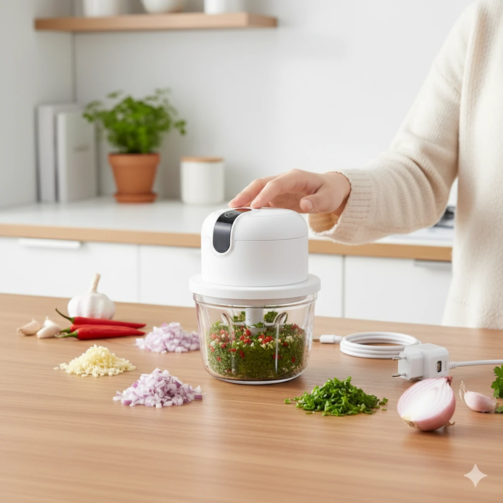 Şarjlı Mini Mutfak Rondo Doğrayıcı – USB Kablosuz Bebek Maması Kıyma Et Sarımsak Soğan Doğrama (280 ml)