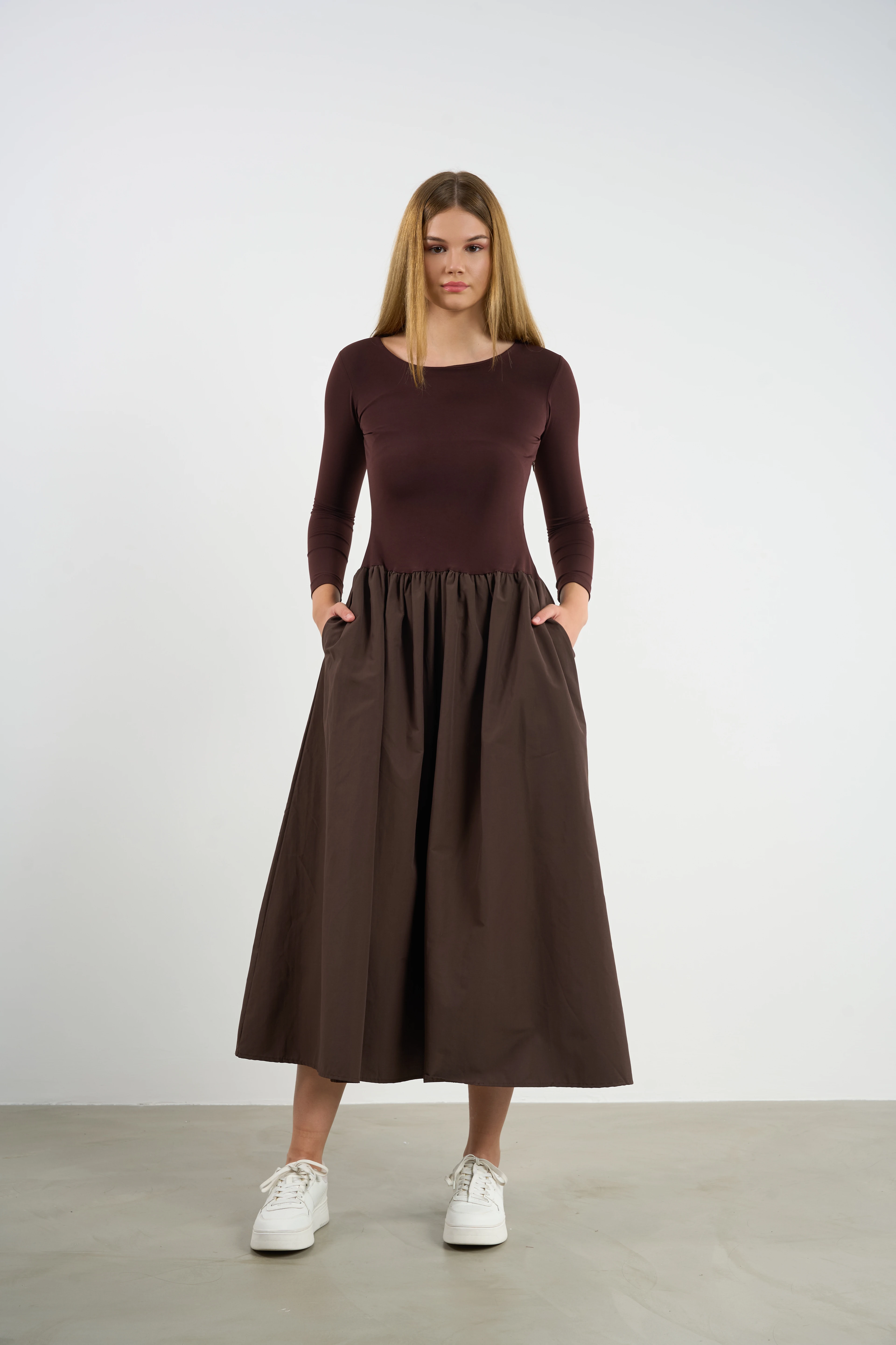 Kadın Cepli Penye Uzun Kol Elbise Prenses Kesim - BRW