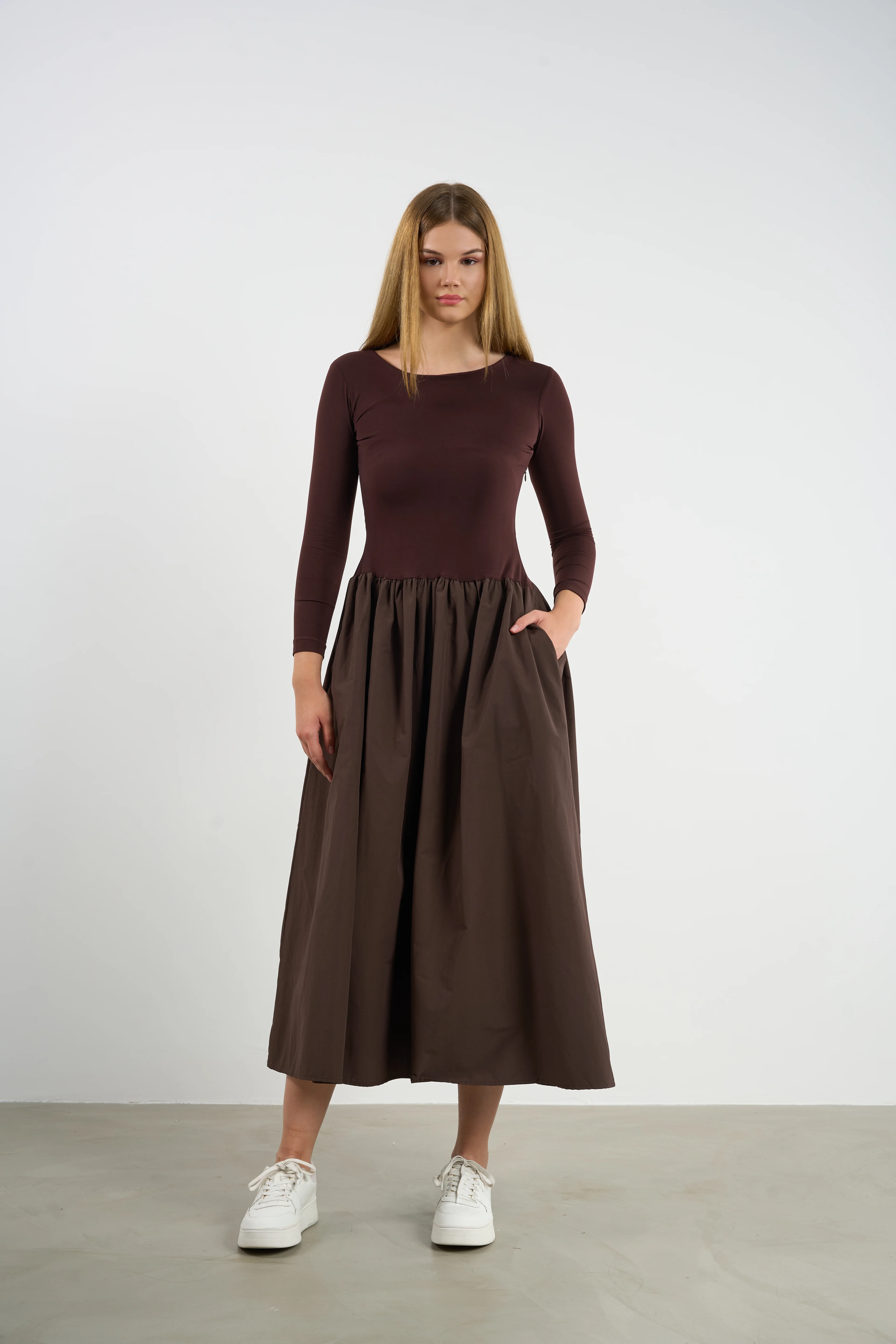 Kadın Cepli Penye Uzun Kol Elbise Prenses Kesim