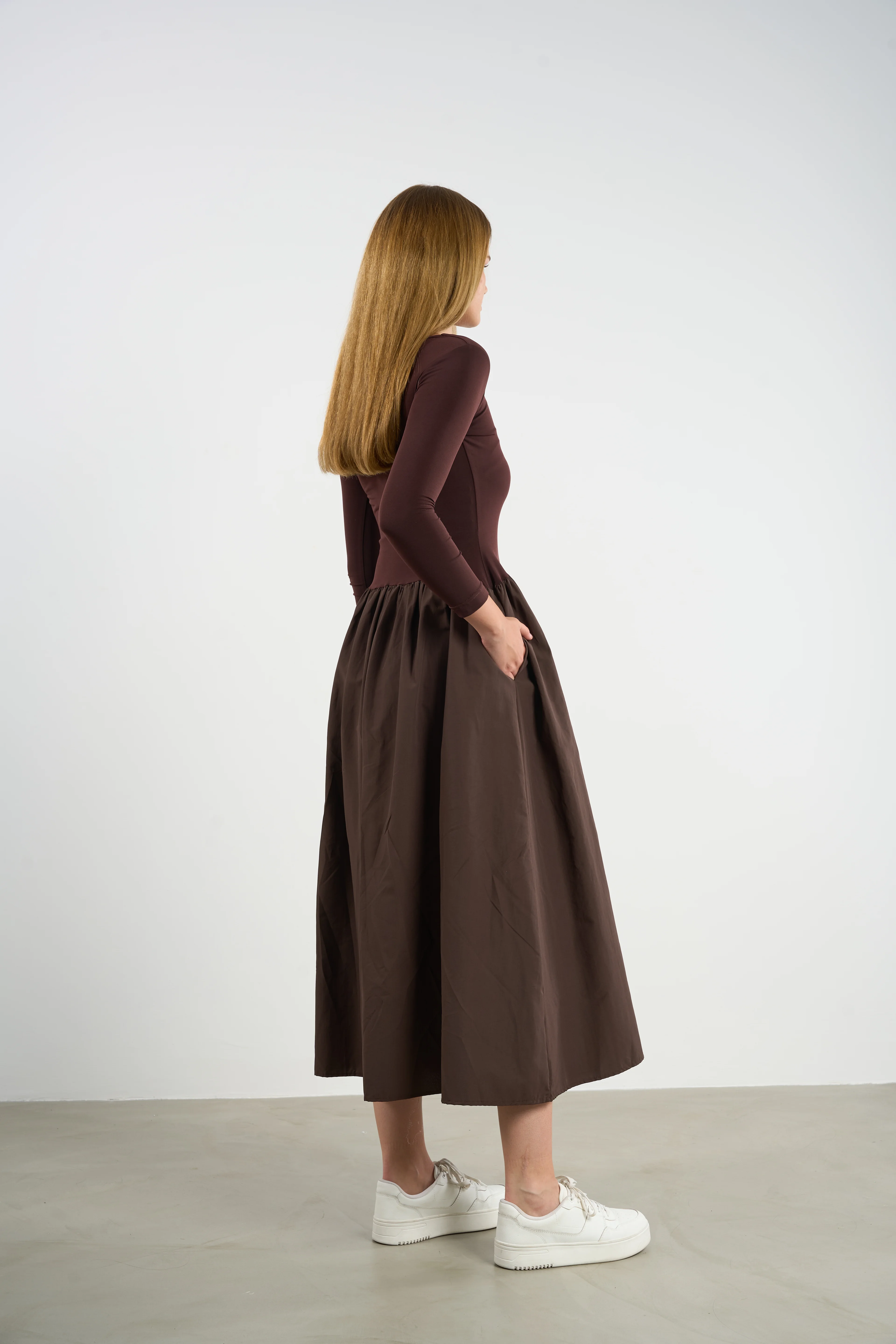 Kadın Cepli Penye Uzun Kol Elbise Prenses Kesim