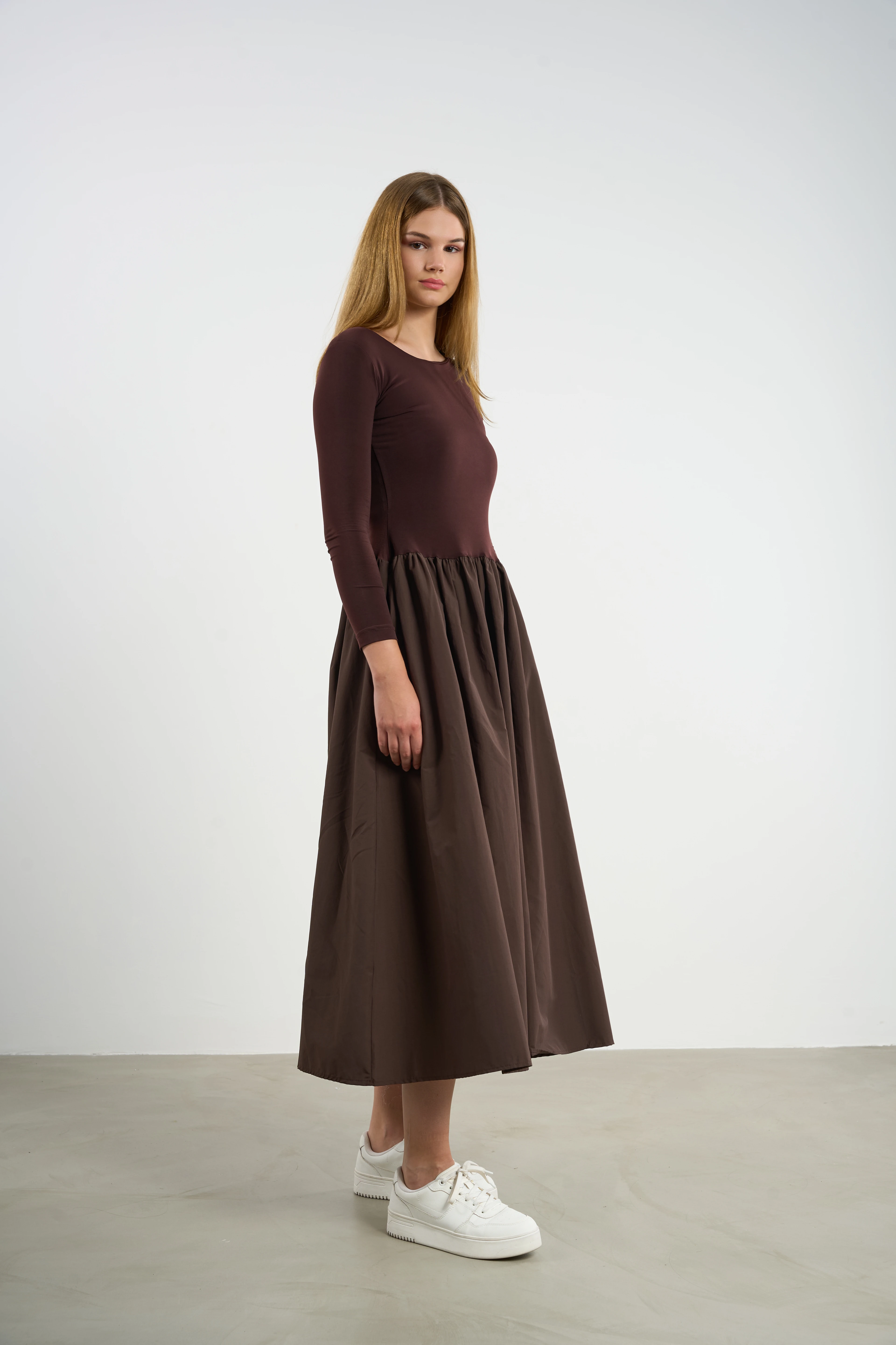 Kadın Cepli Penye Uzun Kol Elbise Prenses Kesim