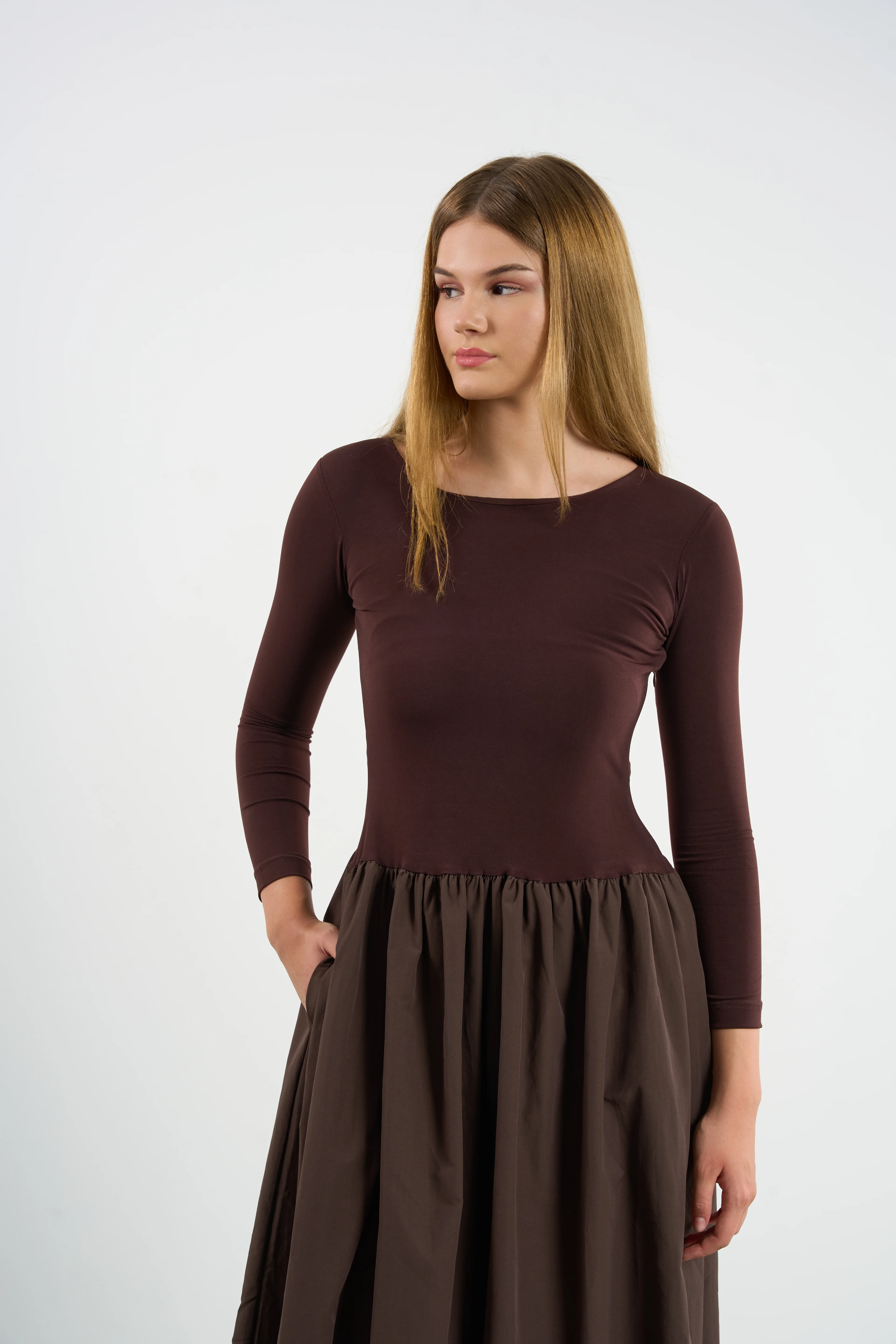 Kadın Cepli Penye Uzun Kol Elbise Prenses Kesim