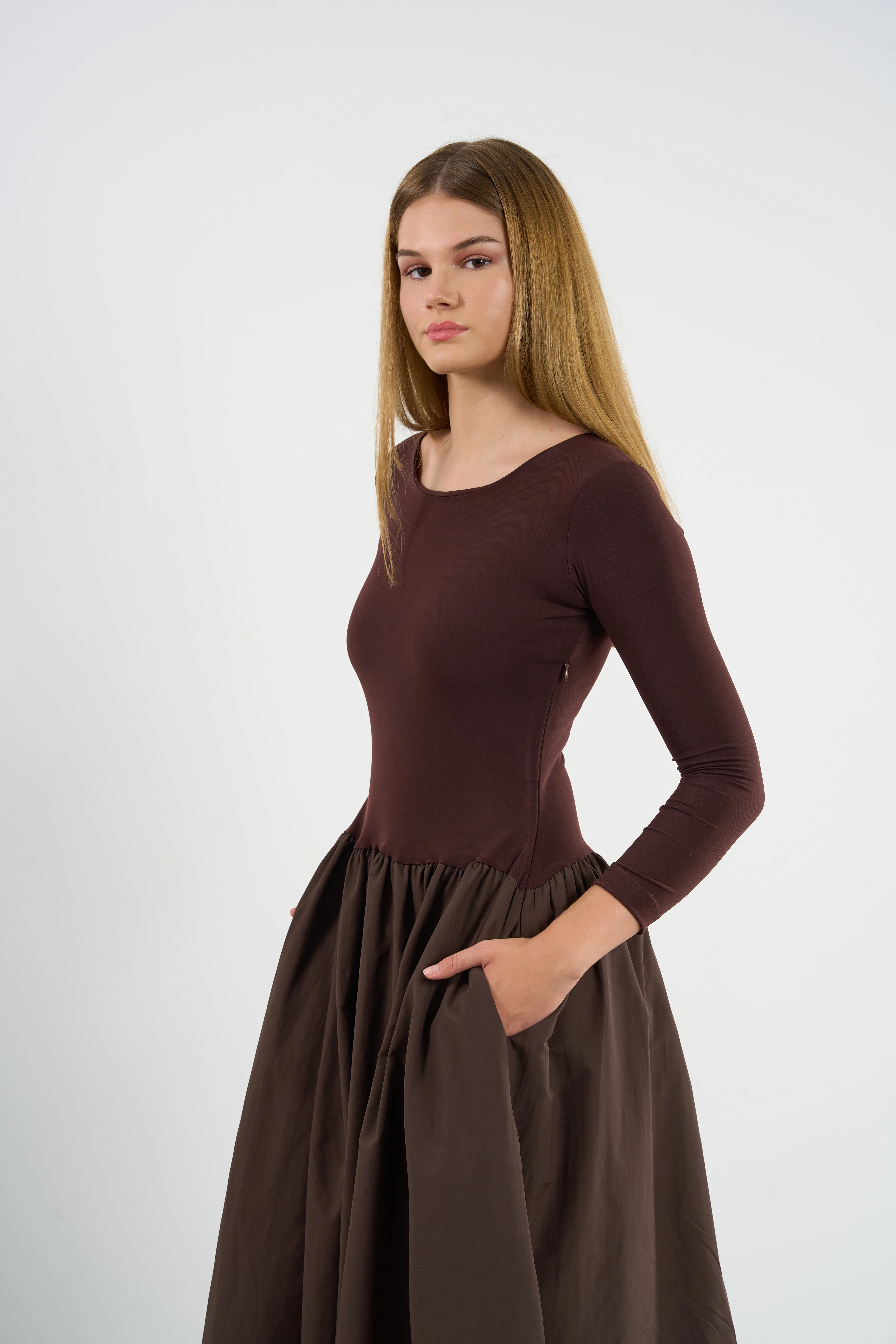 Kadın Cepli Penye Uzun Kol Elbise Prenses Kesim