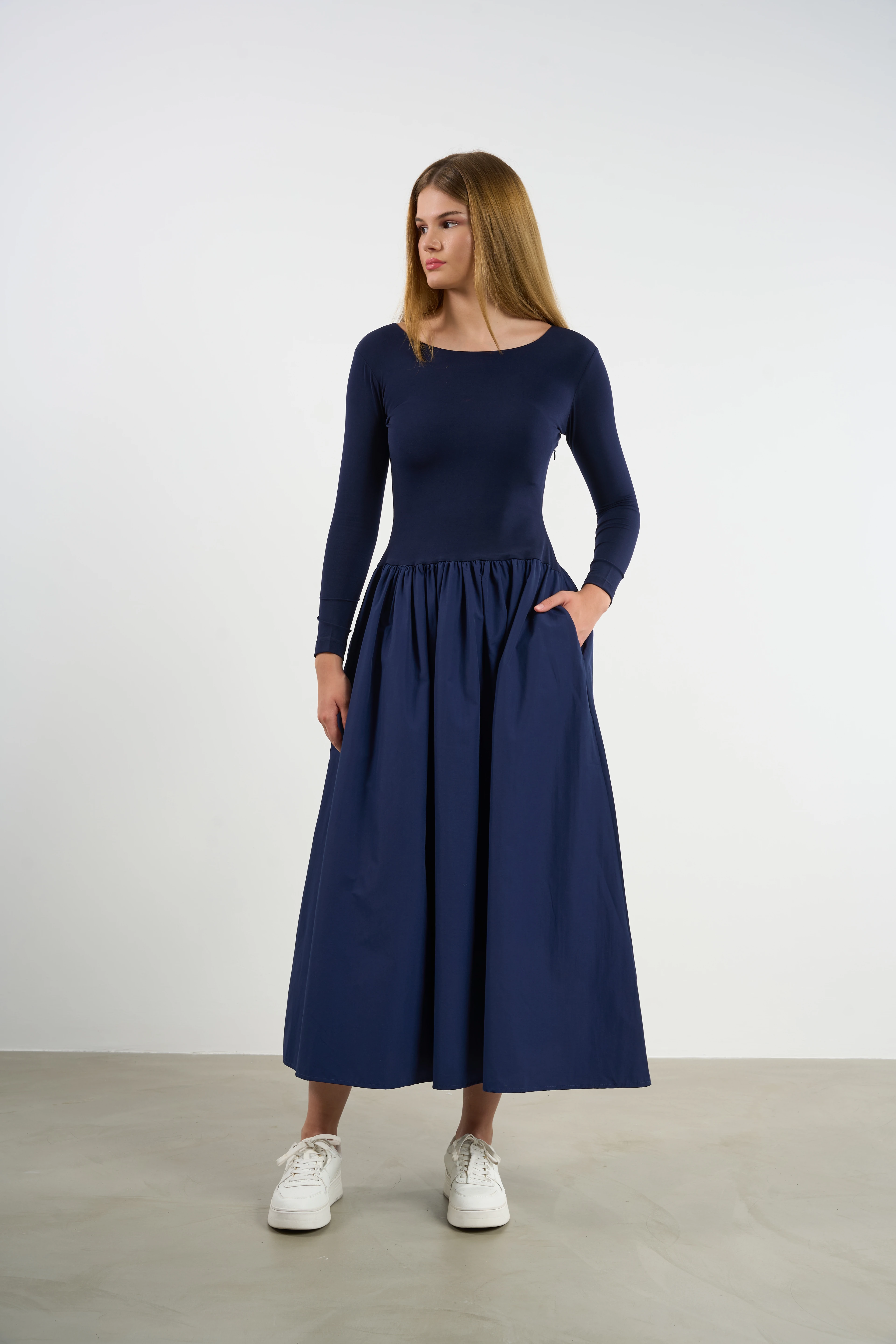 Kadın Cepli Penye Uzun Kol Elbise Prenses Kesim - NBL