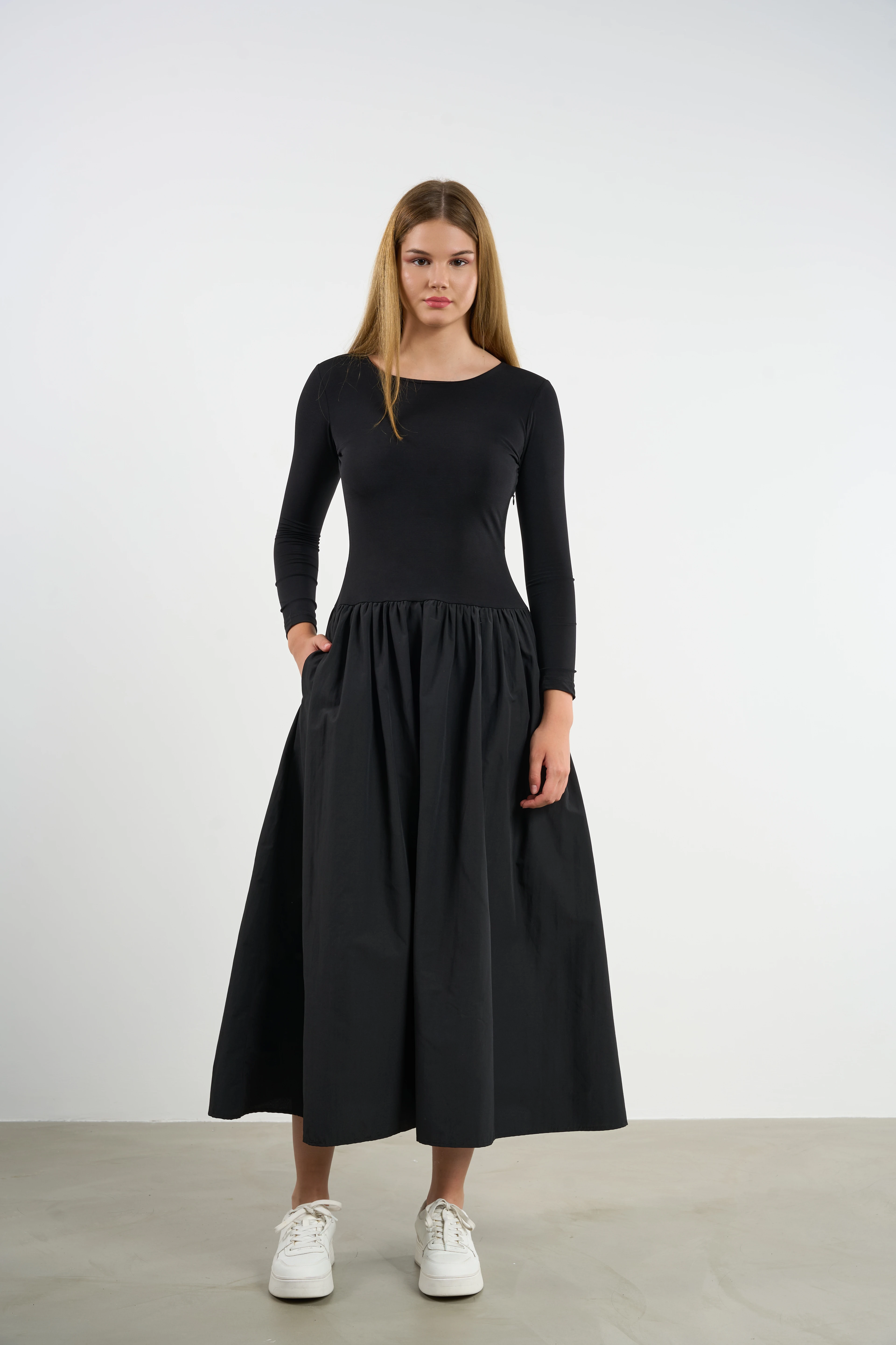 Kadın Cepli Penye Uzun Kol Elbise Prenses Kesim - BLK