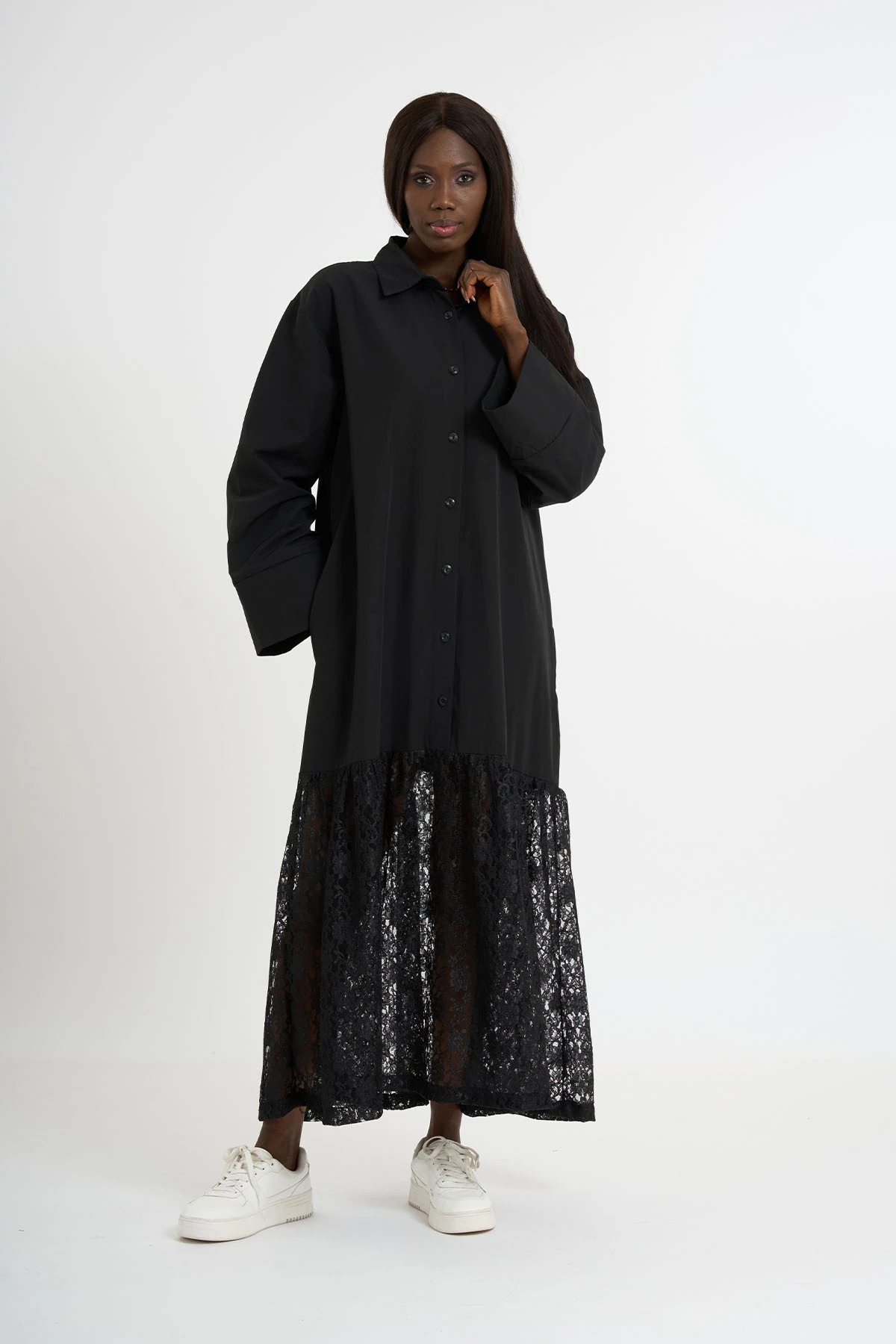 Robe chemise à jupe en dentelle | 44-50 - BLK