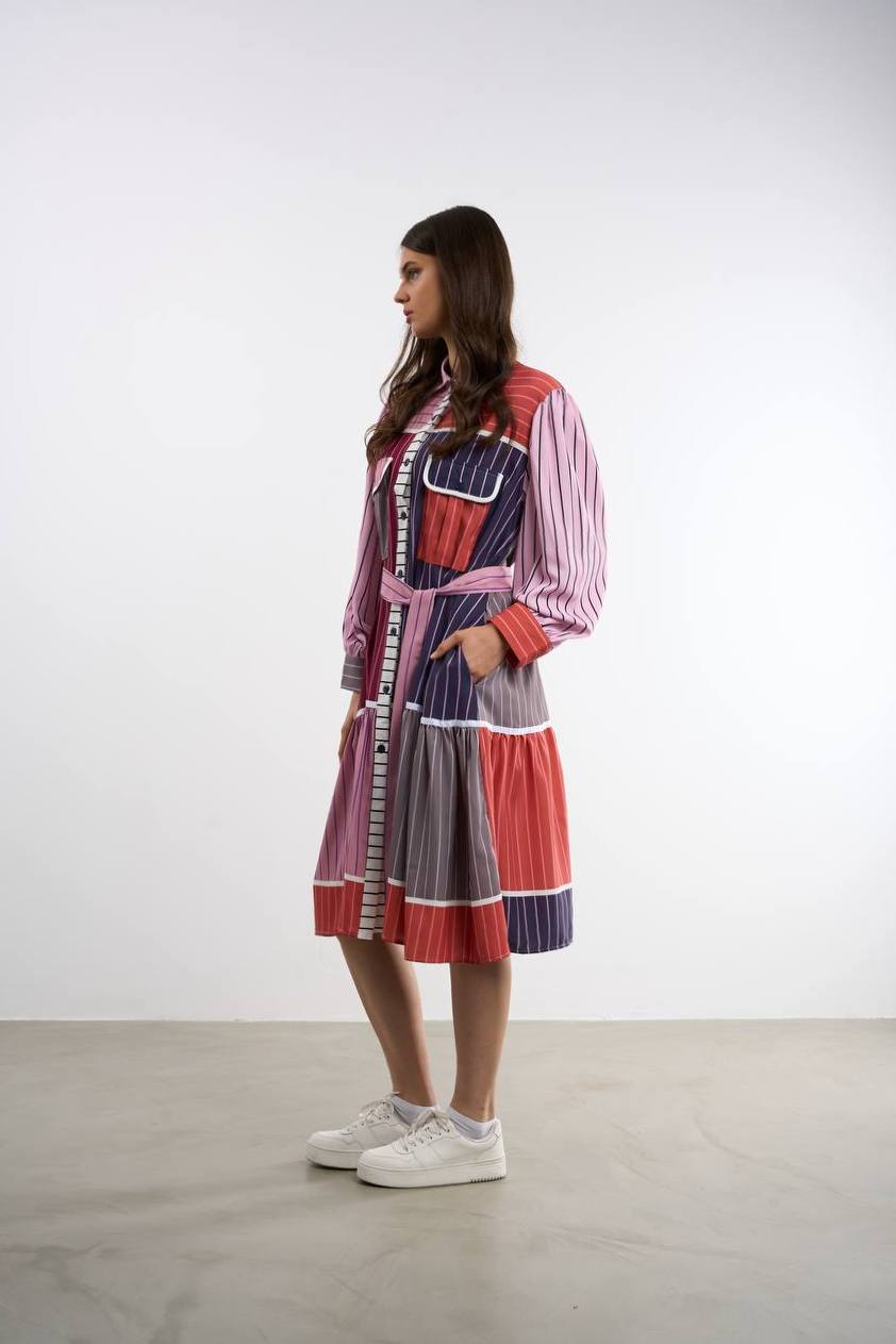 Renk Bloklu Çizgili Gömlek Elbise
