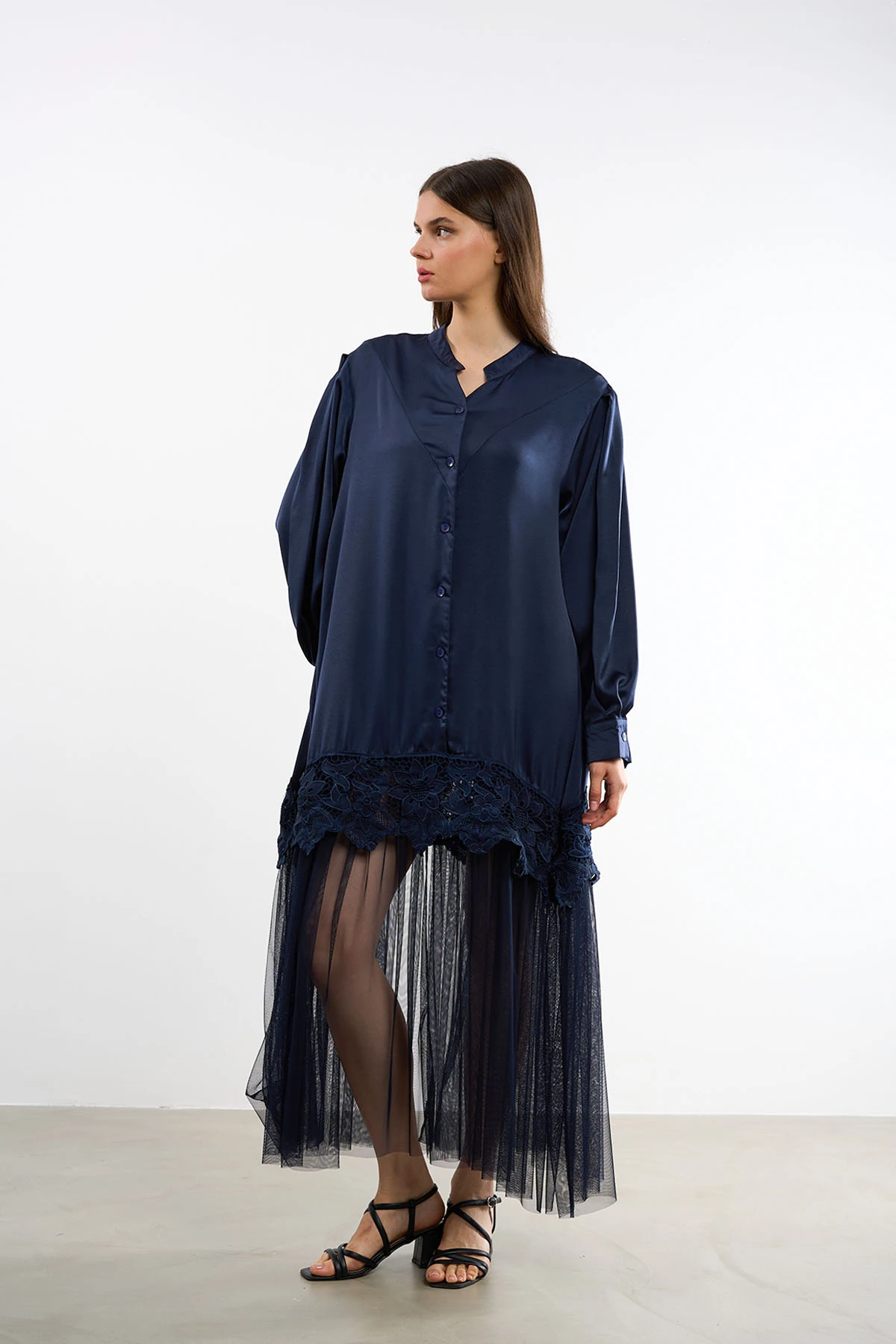 Tüllü Dantelli Elbise | 44-50 - NBL