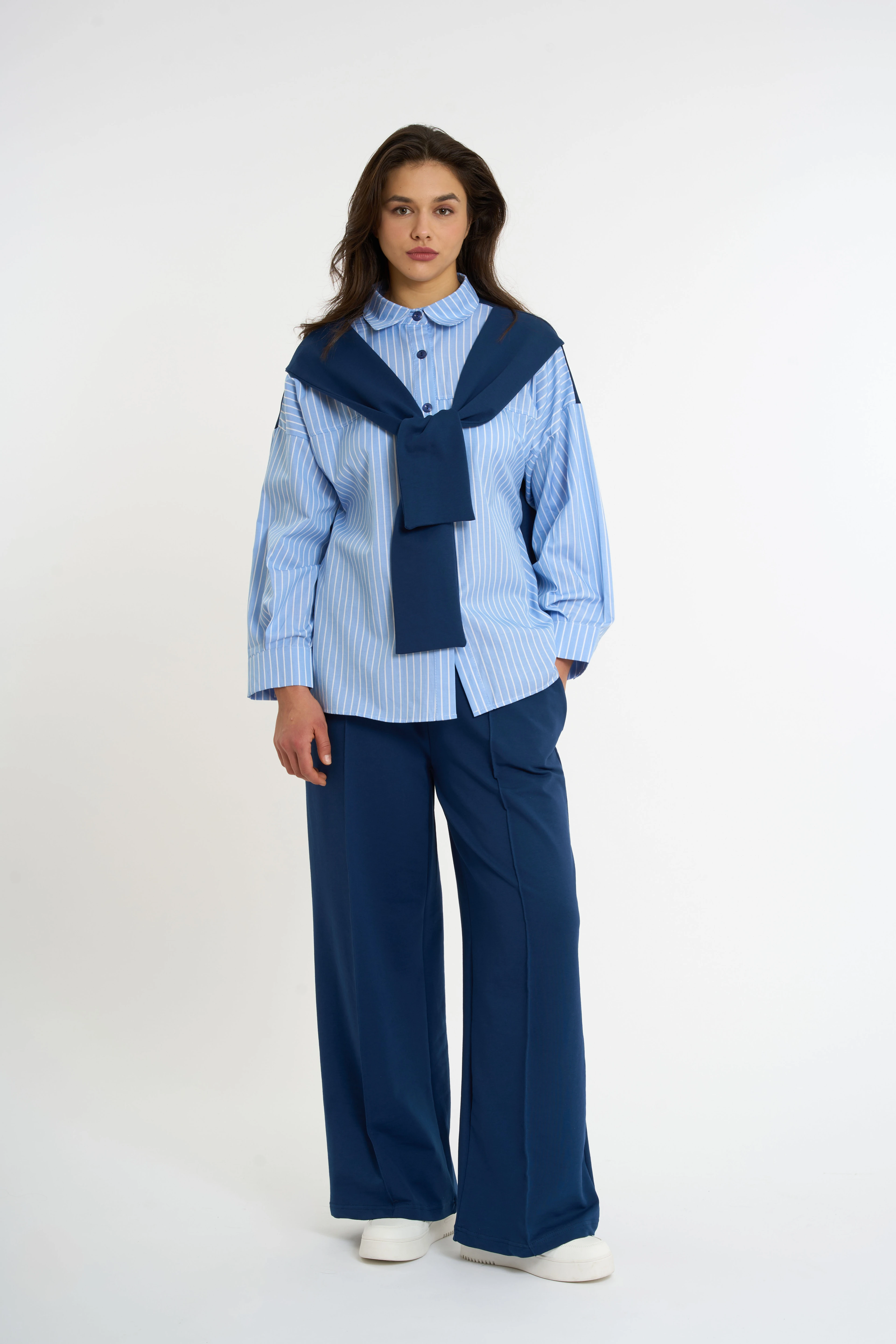 Hırka Detaylı Gömlek Alt-Üst Takım | 44-50 - Çizgili Açık Mavi