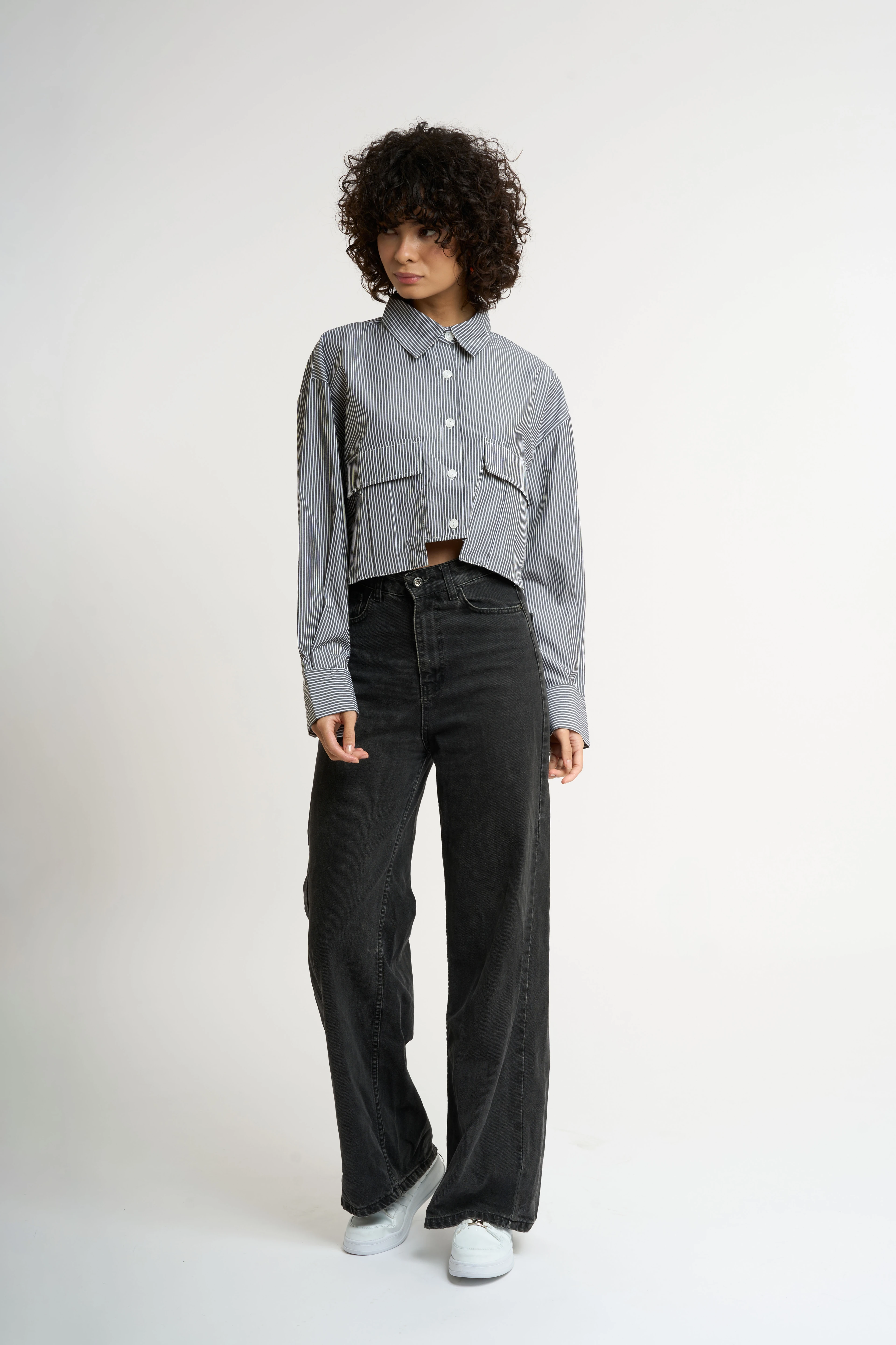 Açık Mavi-büyük Cep Detaylı Çizgili Crop Gömlek