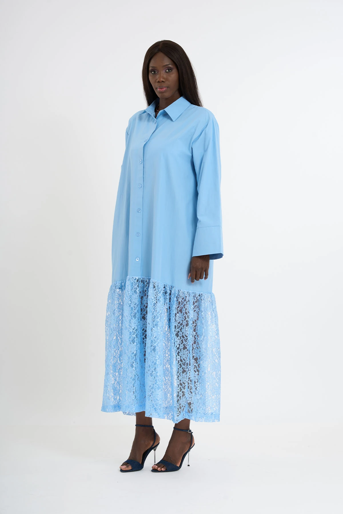 Robe chemise à jupe en dentelle | 44-50 - AÇIK MAVİ
