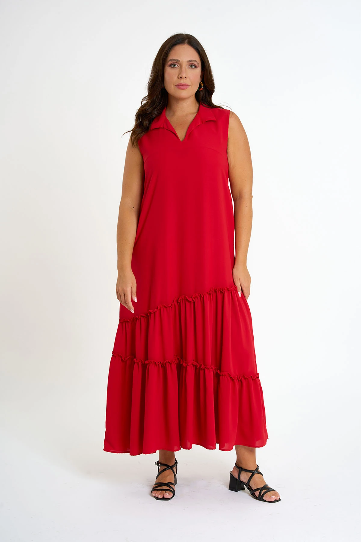 FIRFIR DETAYLI UZUN ELBISE - RED