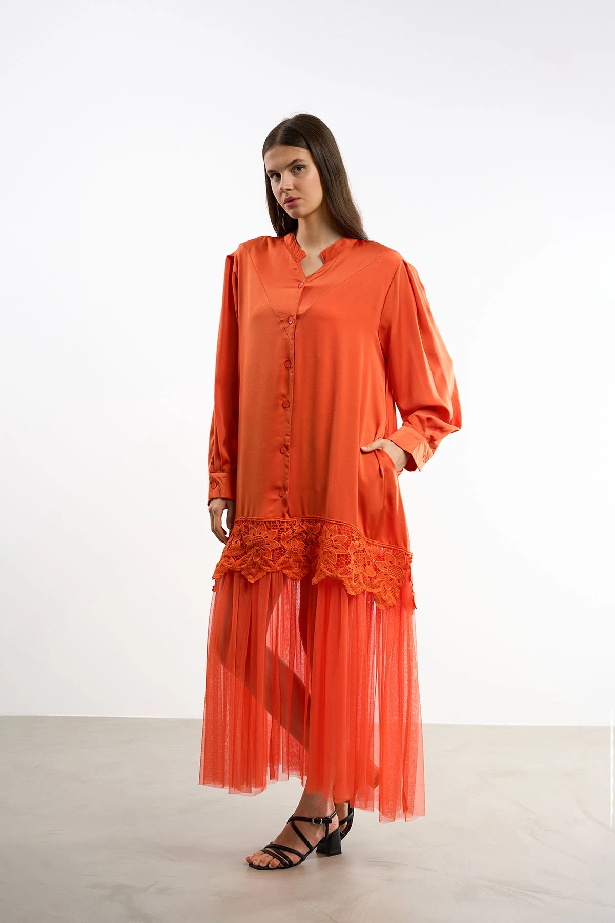 Tüllü Dantelli Elbise | 44-50 - TURUNCU