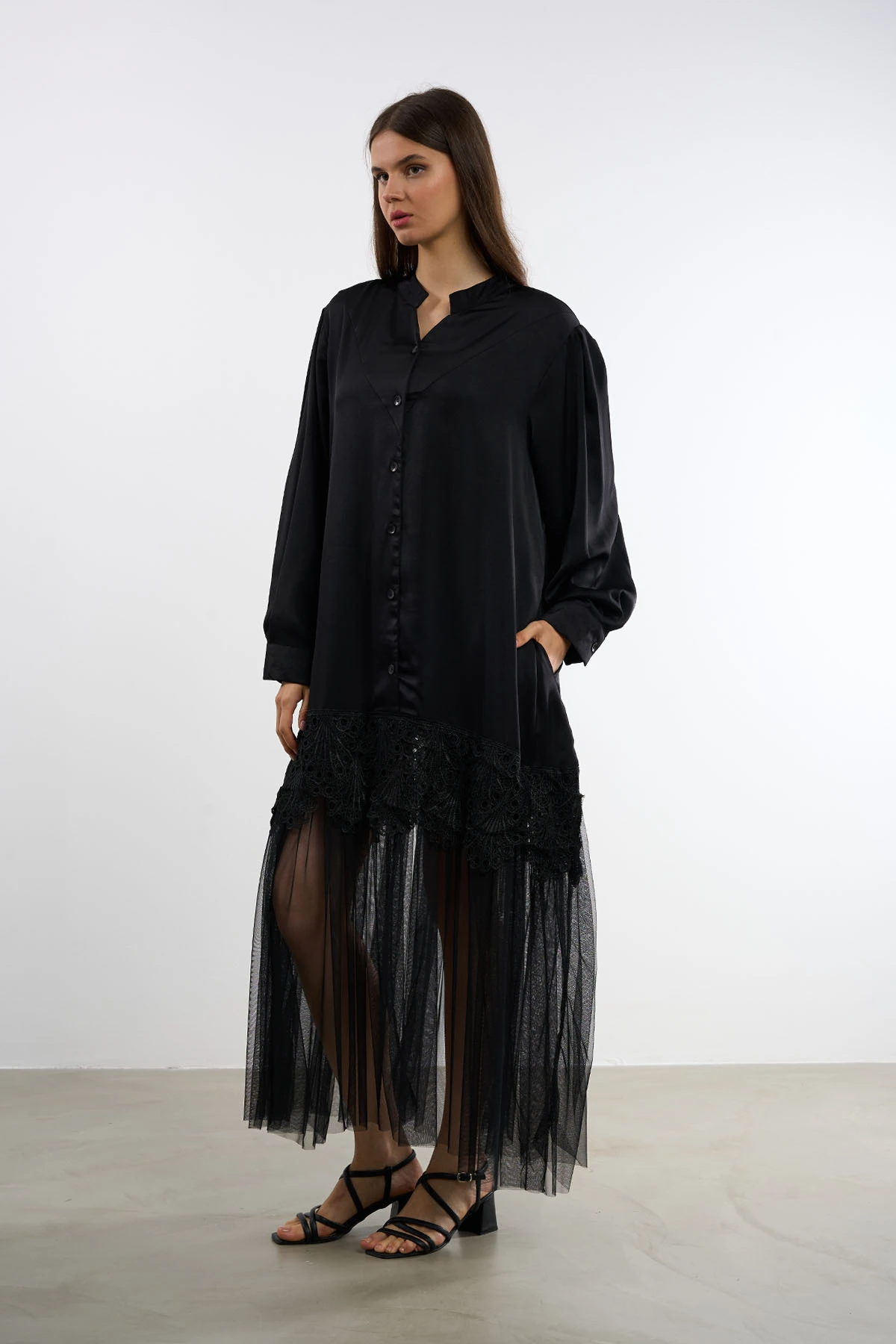 Tüllü Dantelli Elbise | 44-50 - BLK