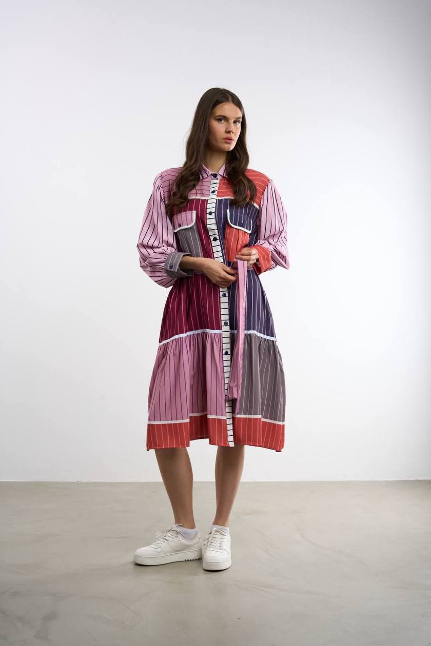 Renk Bloklu Çizgili Gömlek Elbise