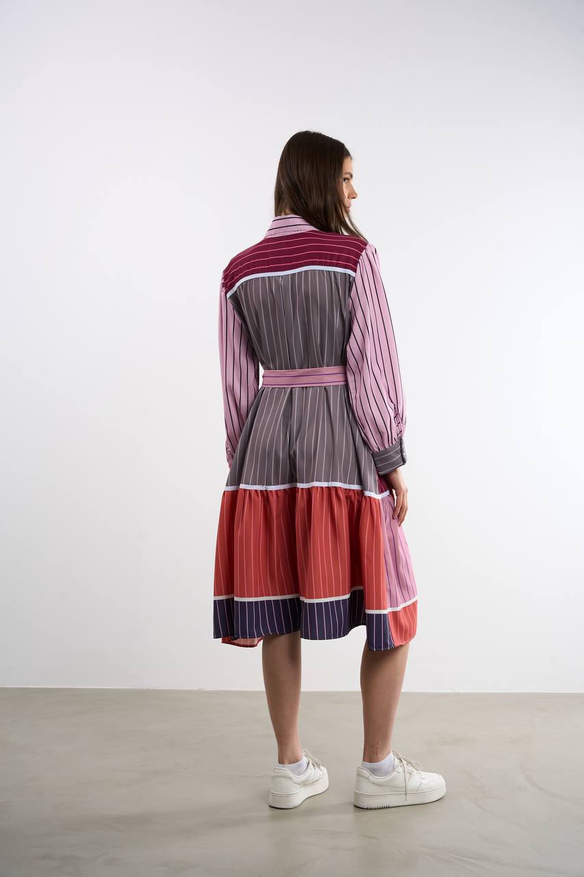 Renk Bloklu Çizgili Gömlek Elbise