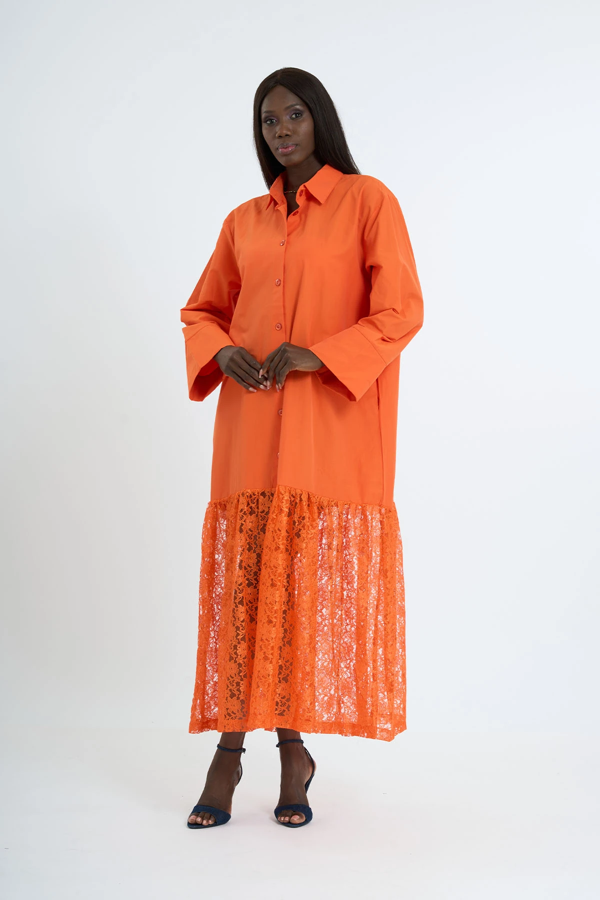 Robe chemise à jupe en dentelle | 44-50 - TURUNCU