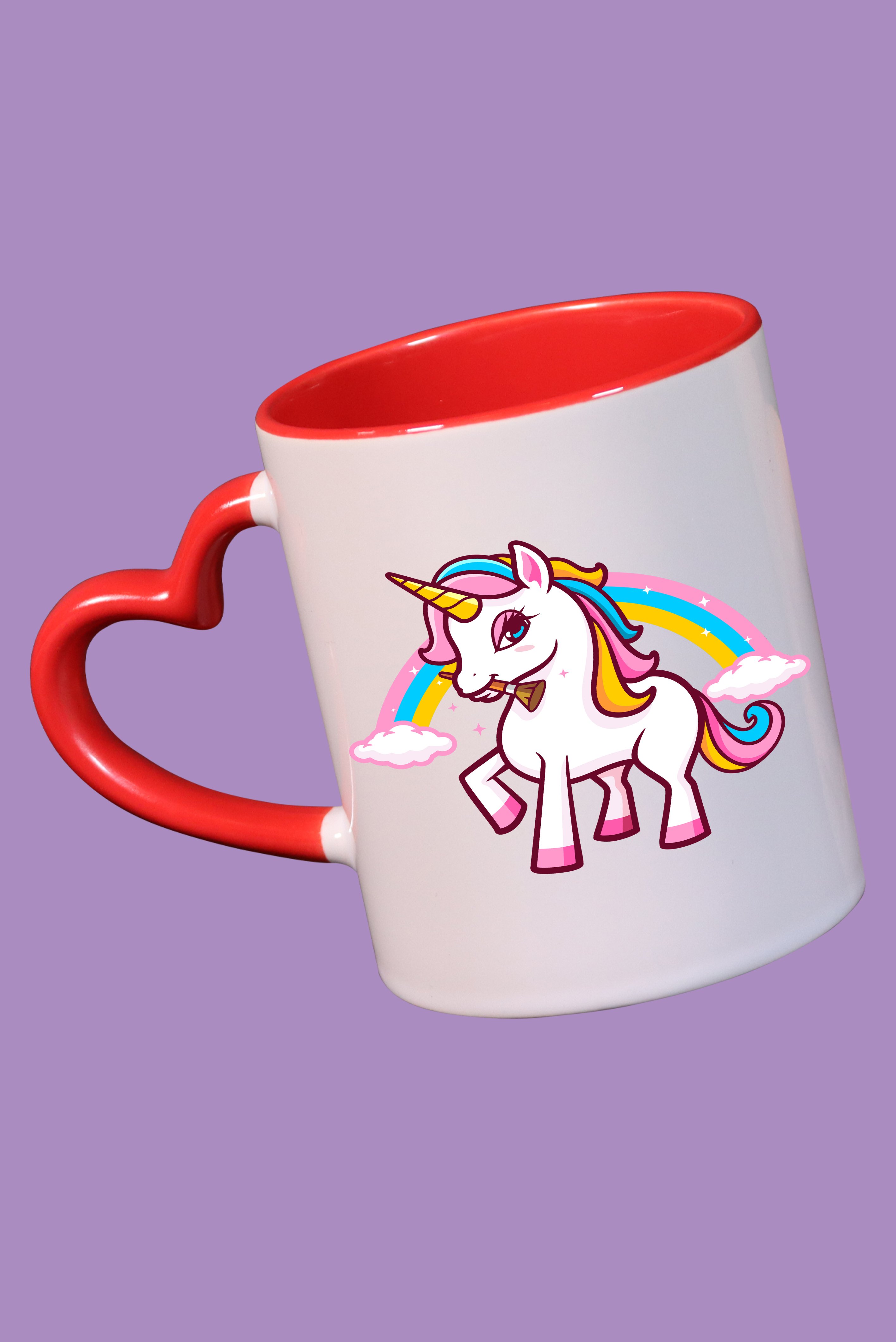 Şirin Unicorn ve Gökkuşağı Tasarım Baskılı Çift Yönlü Kırmızı Kalp Kulplu Kupa Bardak