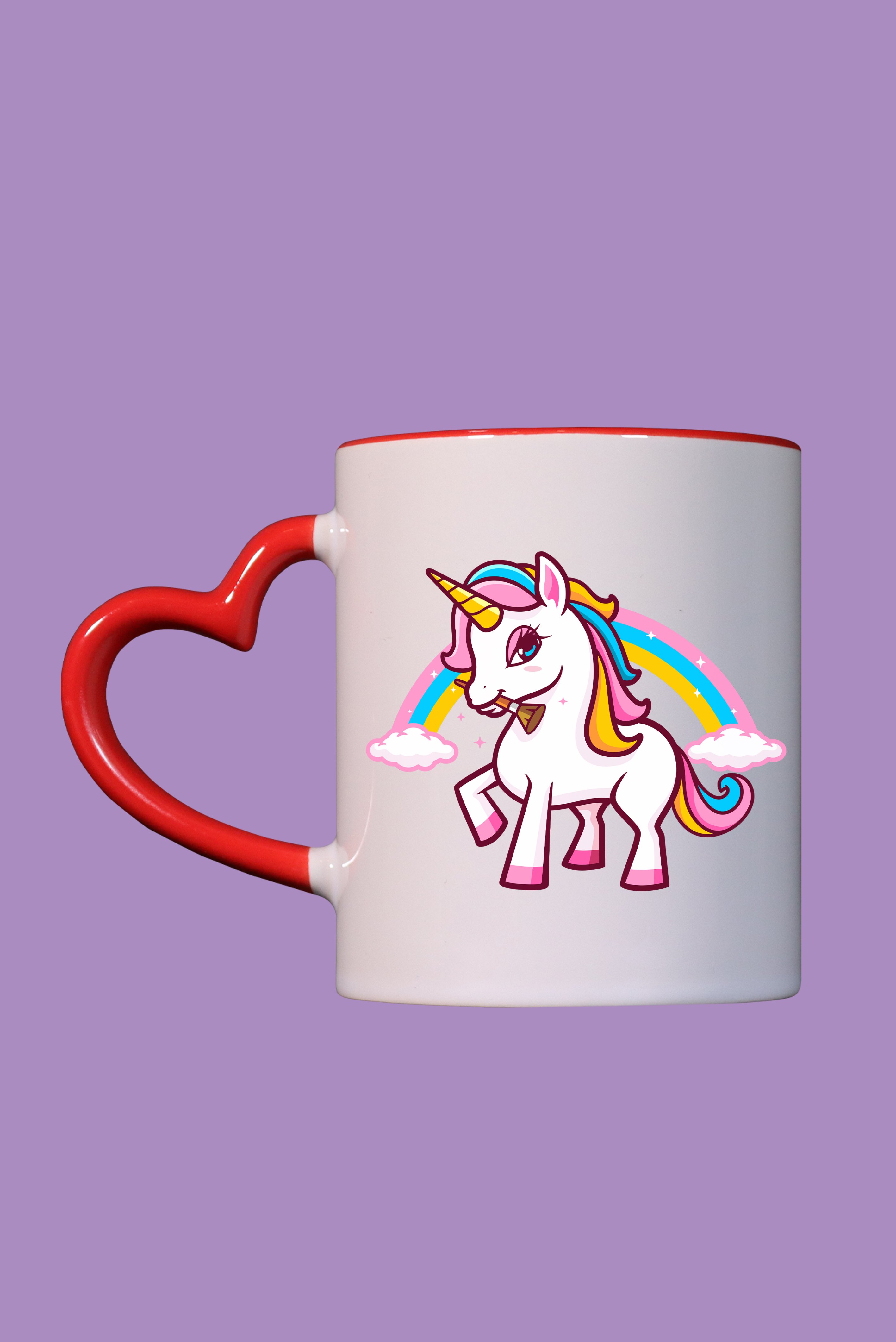 Şirin Unicorn ve Gökkuşağı Tasarım Baskılı Çift Yönlü Kırmızı Kalp Kulplu Kupa Bardak