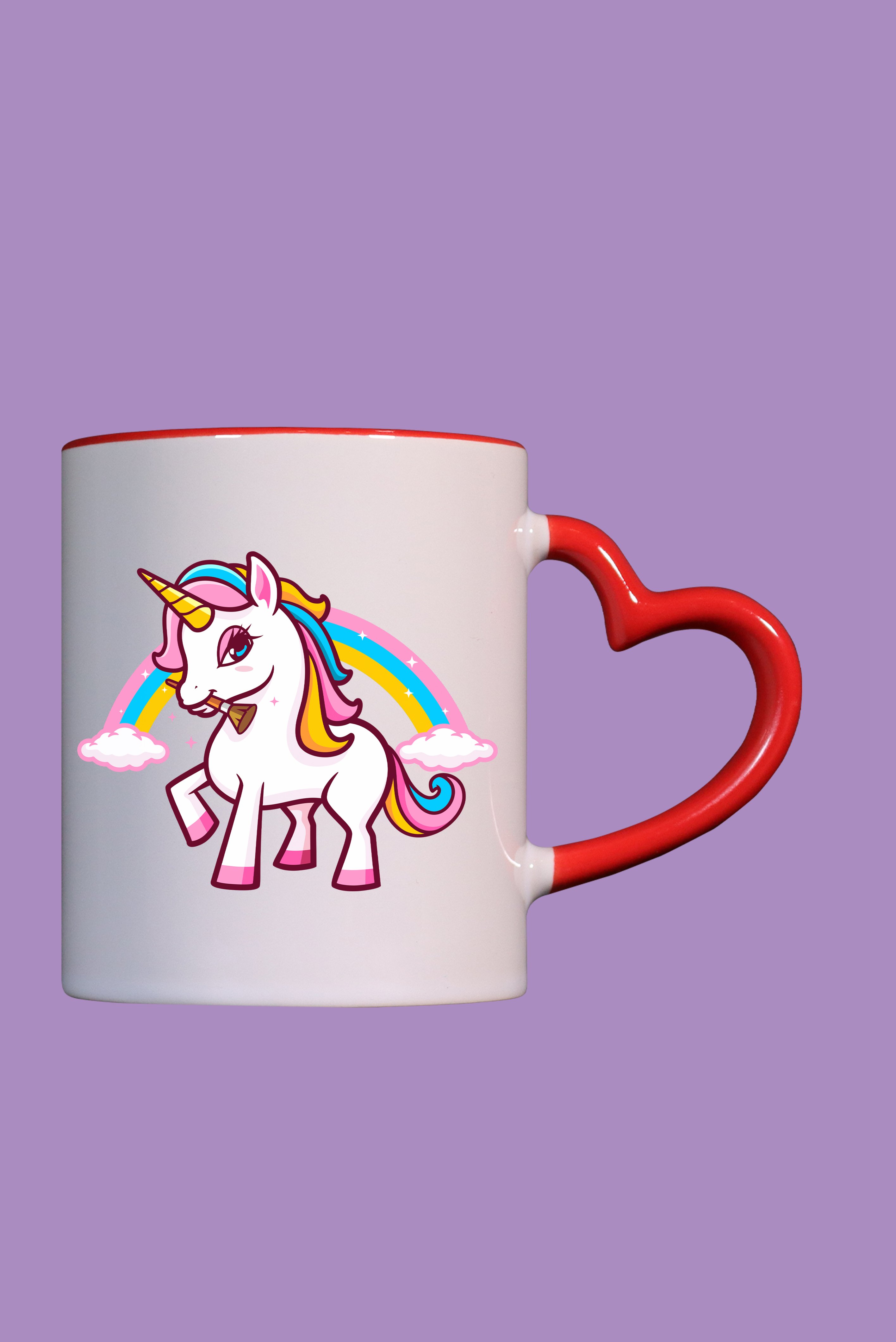 Şirin Unicorn ve Gökkuşağı Tasarım Baskılı Çift Yönlü Kırmızı Kalp Kulplu Kupa Bardak