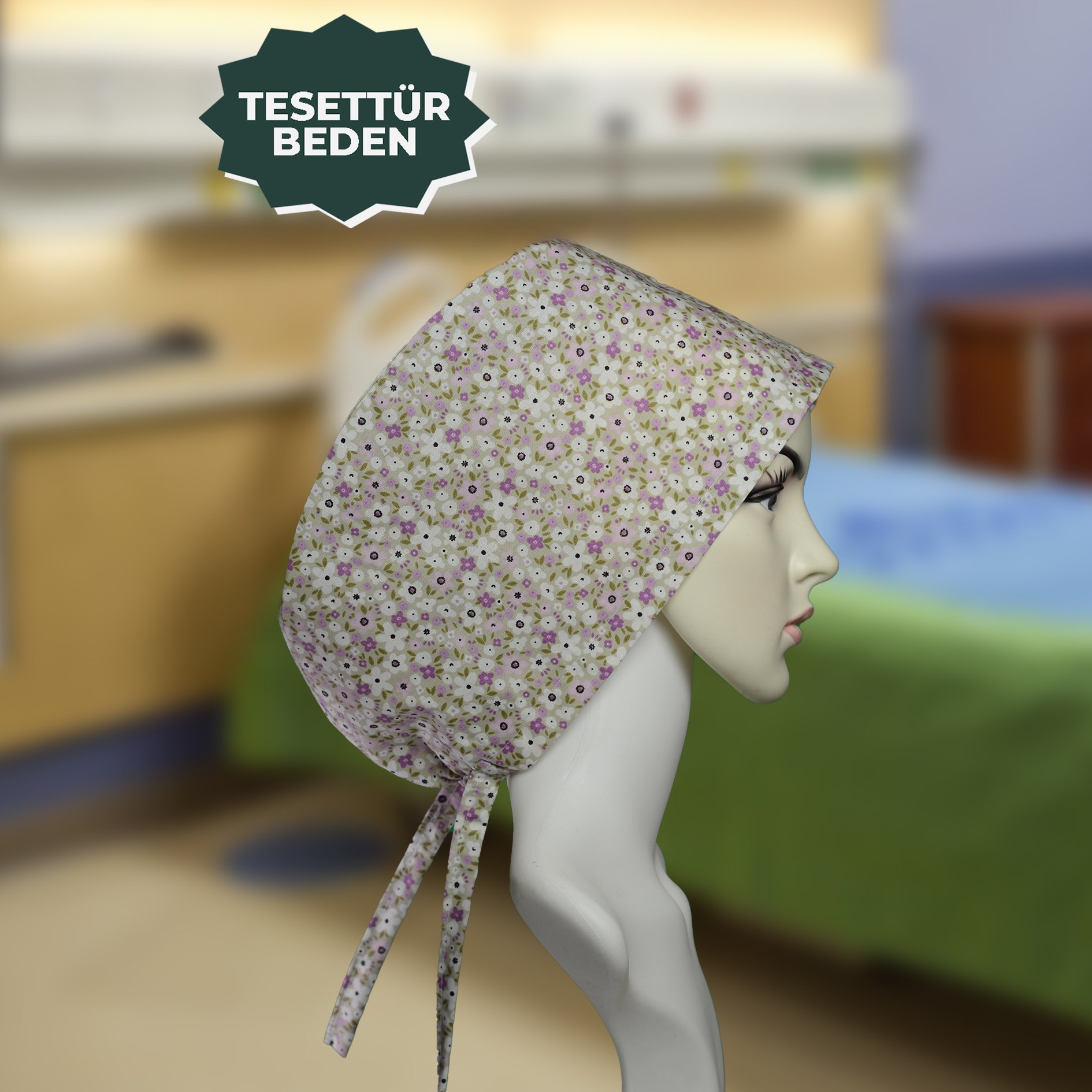 Tesettür Bone | Mor Papatya Desen | Doktor, Hemşire, Aşçı ve Anne Kullanımı