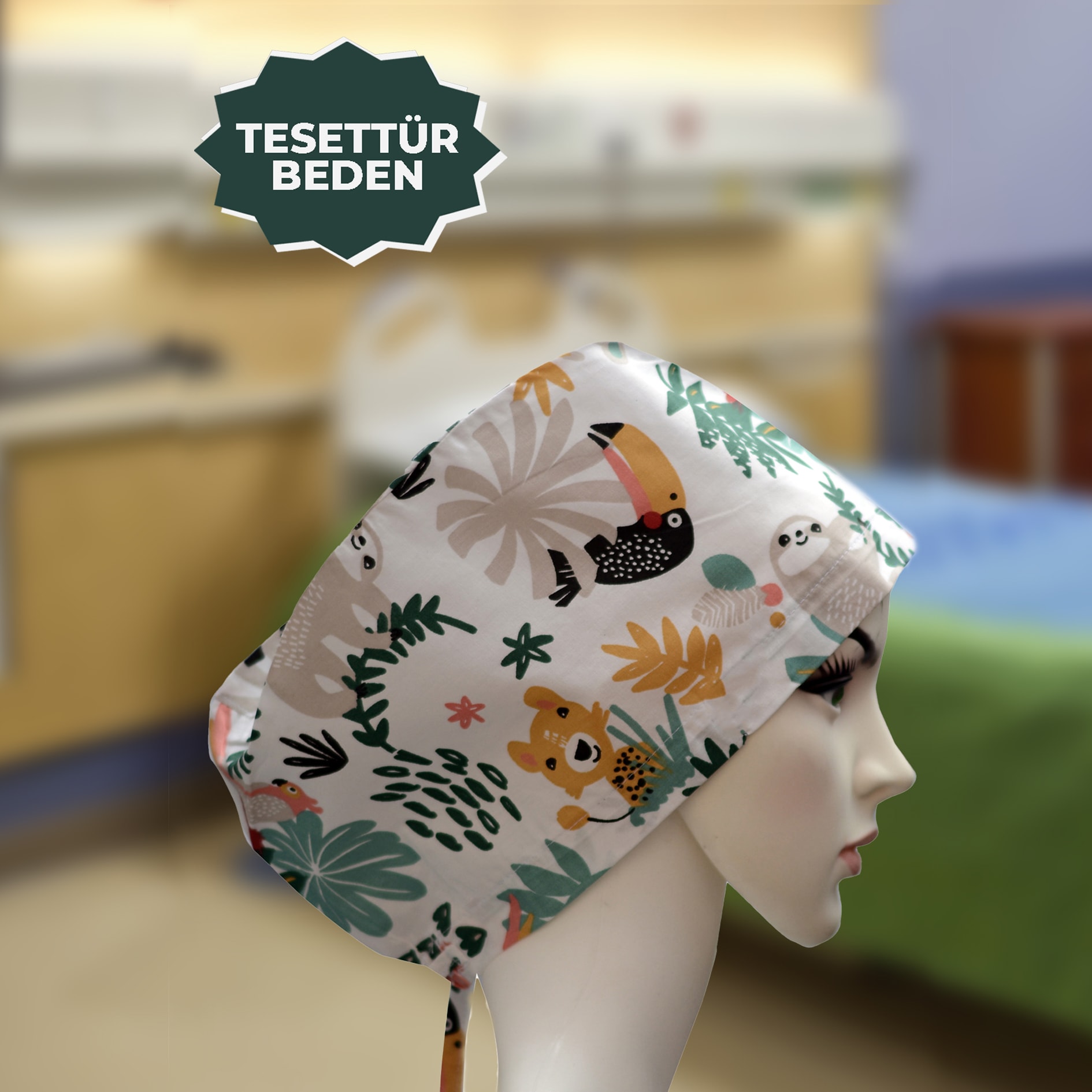 Tesettür Bone | Beyaz Hayvan Desenli | Doktor, Hemşire, Aşçı ve Anne Kullanımı