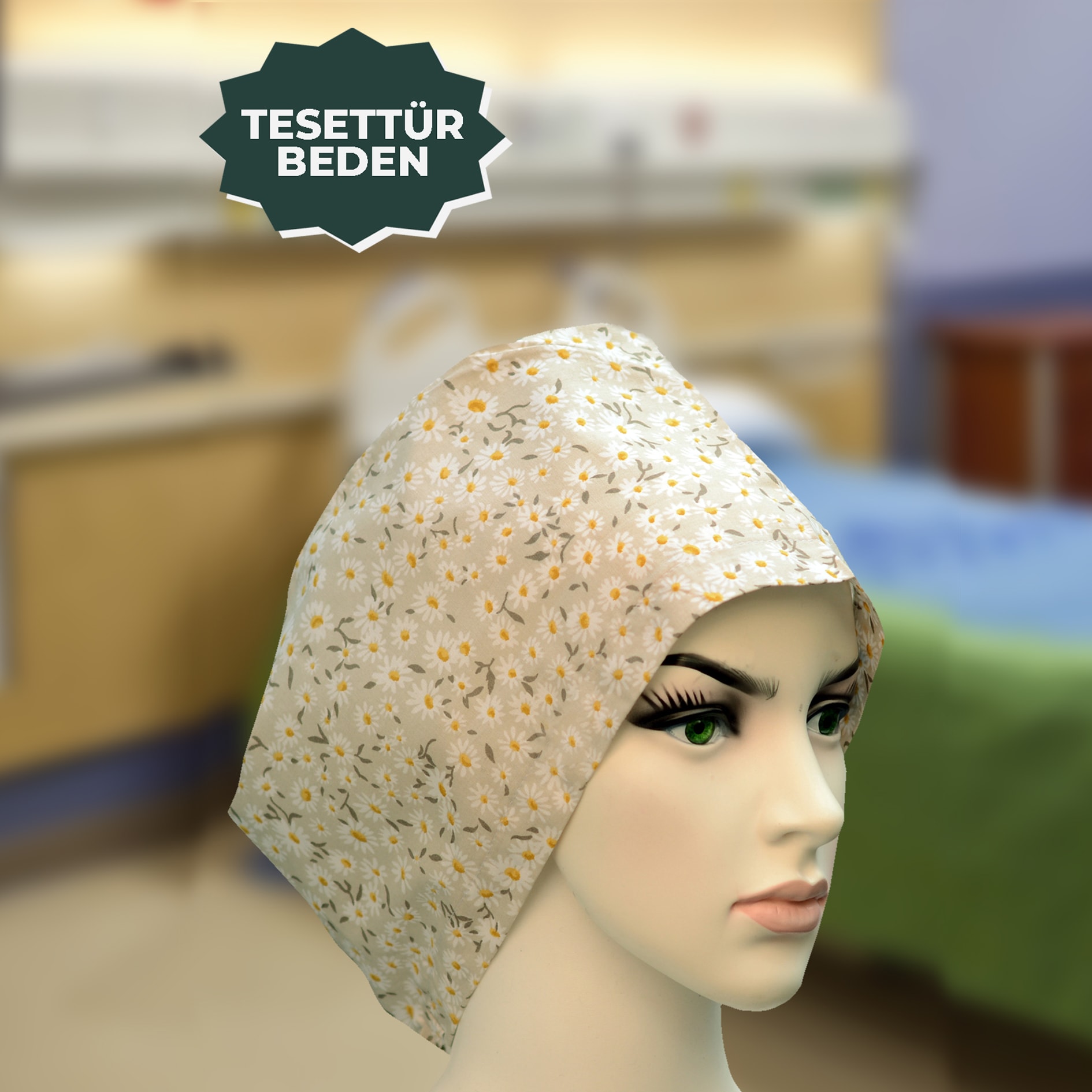 Tesettür Bone | Bej Çiçekli | Doktor, Hemşire, Aşçı ve Anne Kullanımı