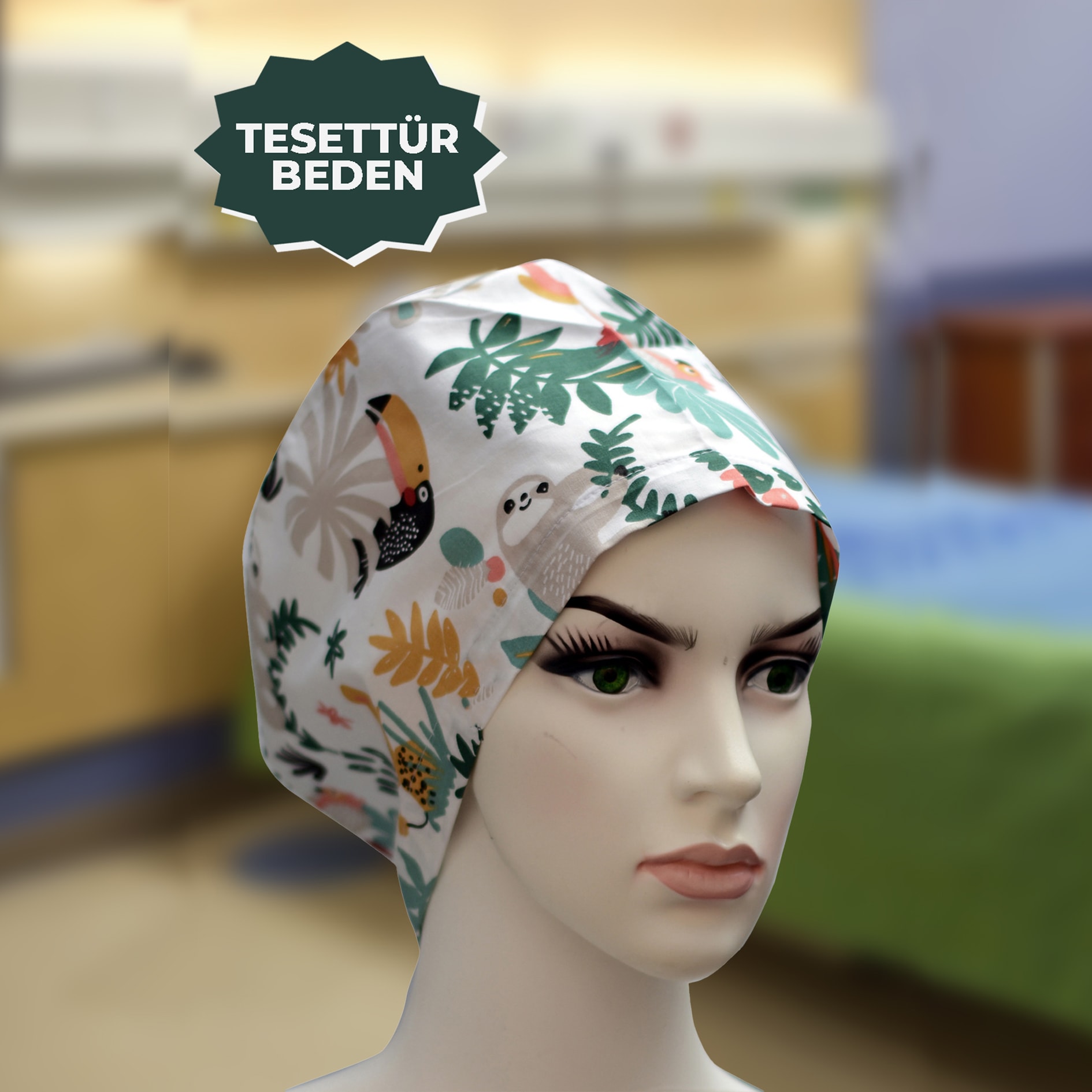 Tesettür Bone | Beyaz Hayvan Desenli | Doktor, Hemşire, Aşçı ve Anne Kullanımı
